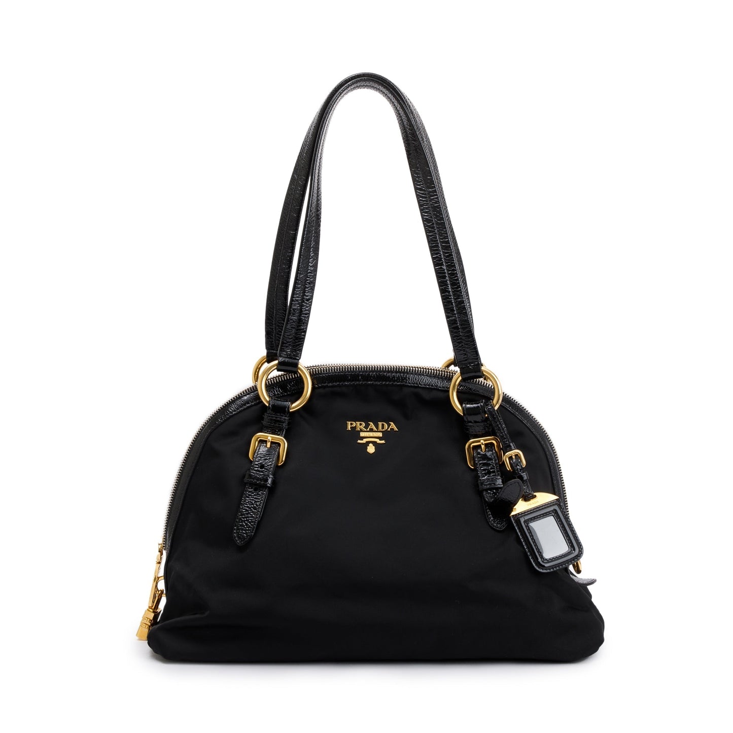 Prada Patent Trimmed Tessuto Dome Tote Handbag Leather Nylon Tote Bag