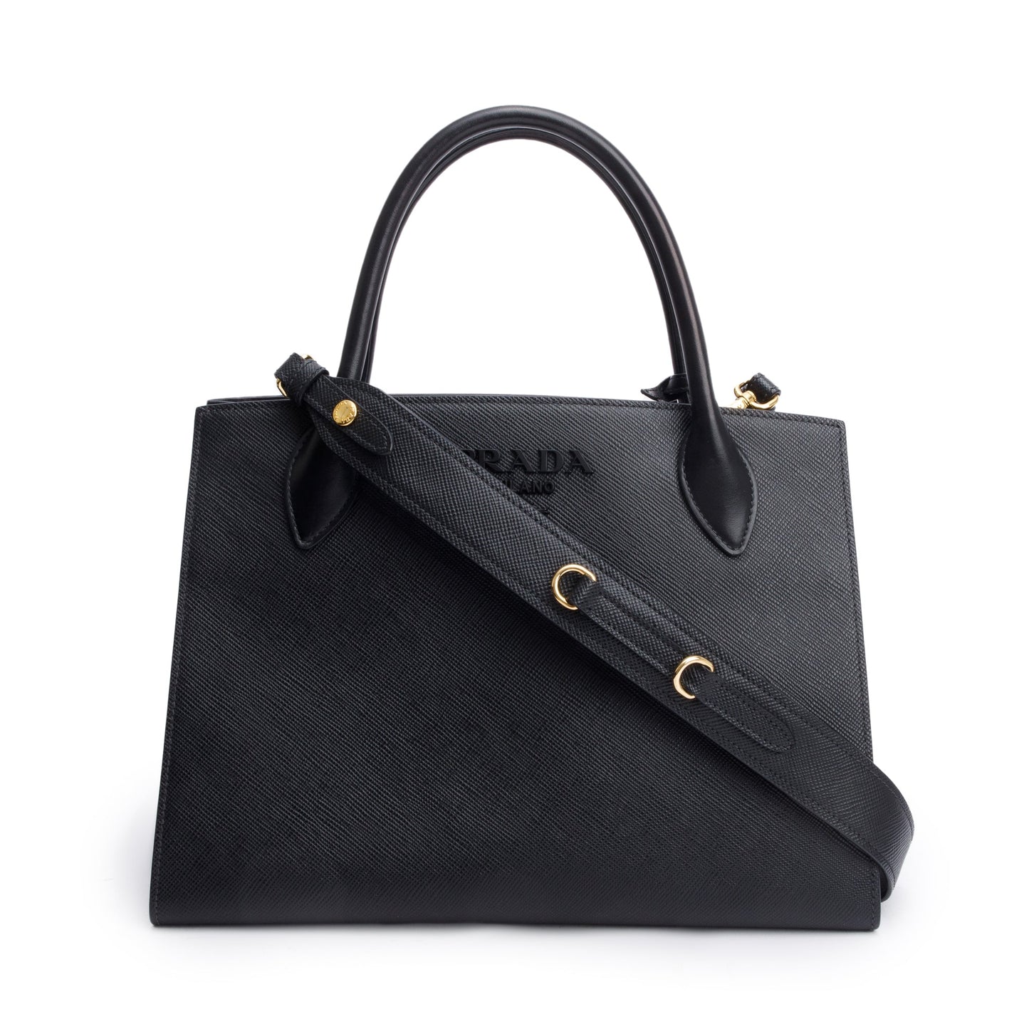 Prada Saffiano Cuir Monochrome Top Handle Tote Handbag Black Medium Tote Bag