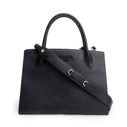 Prada Saffiano Cuir Monochrome Top Handle Tote Handbag Black Medium Tote Bag
