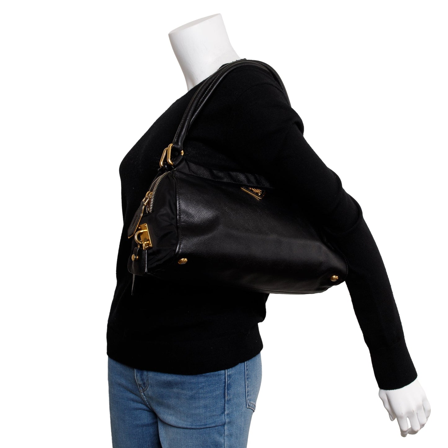 Prada Saffiano & Tessuto Vernice Bauletto Frame Bag Leather Black Travel Bag