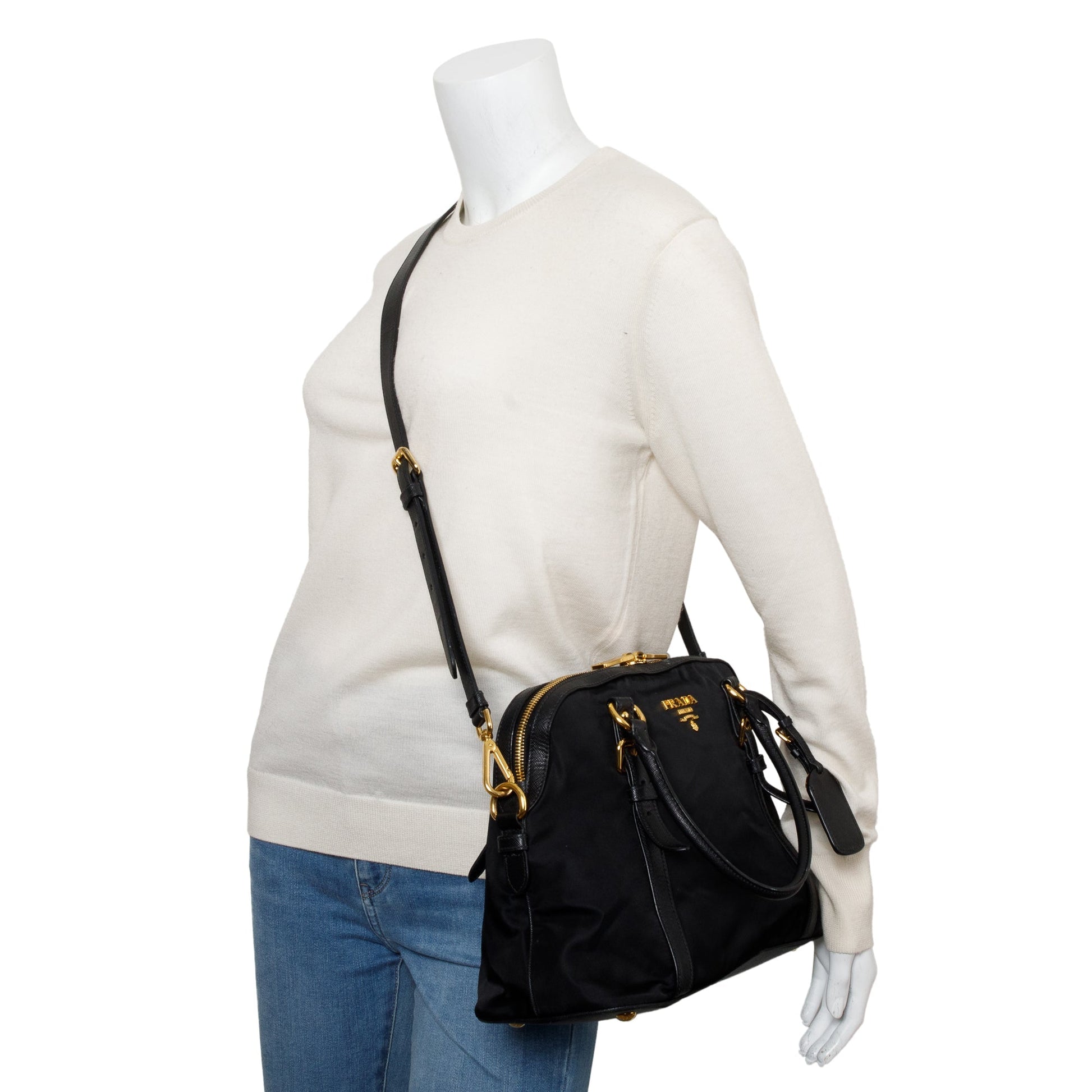 Prada Saffiano Trimmed Tessuto Shoulder Bag Leather Nylon Shoulder Bag