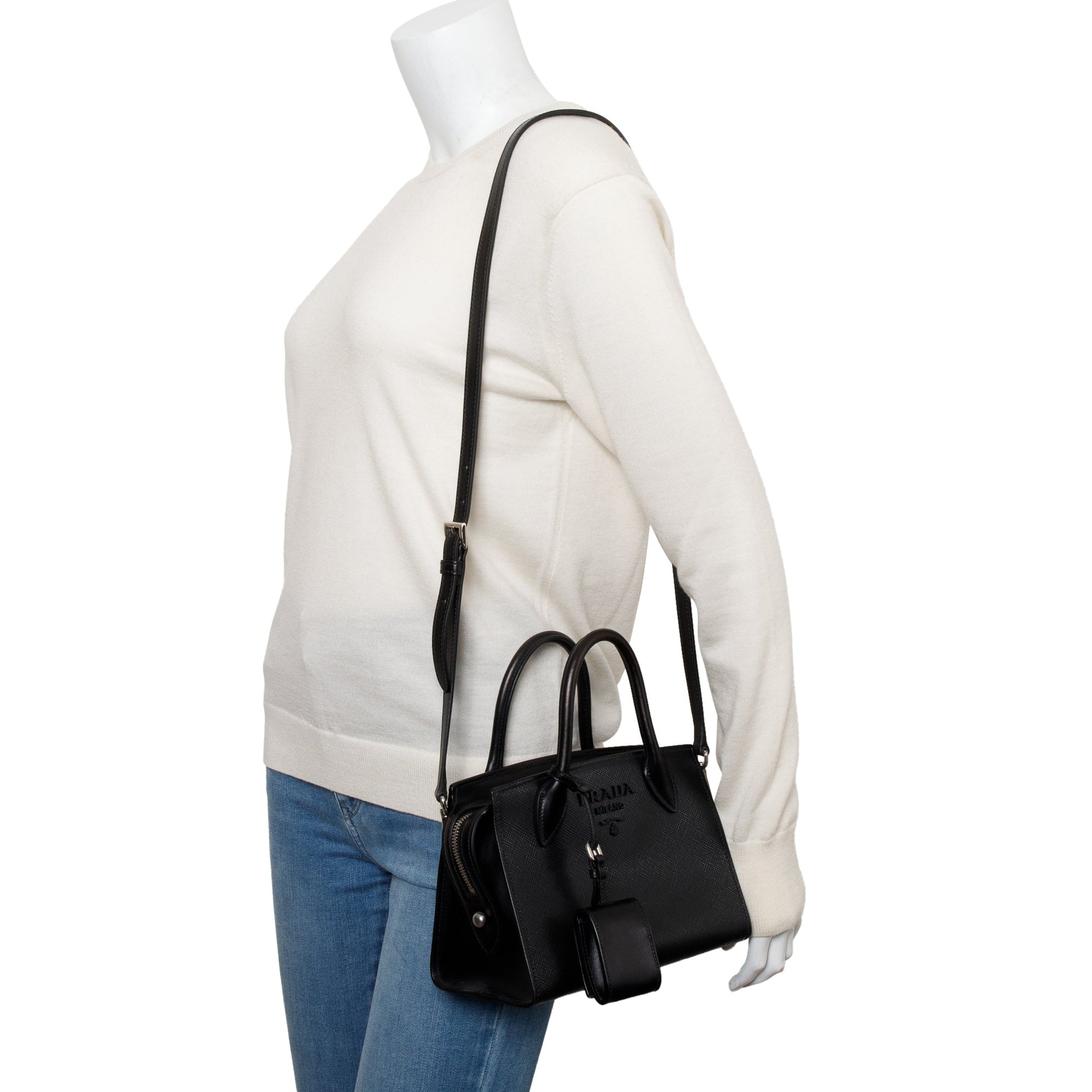 Prada Saffiano Lux Monochrome Top Handle Tote Handbag Black Mini Tote Bag