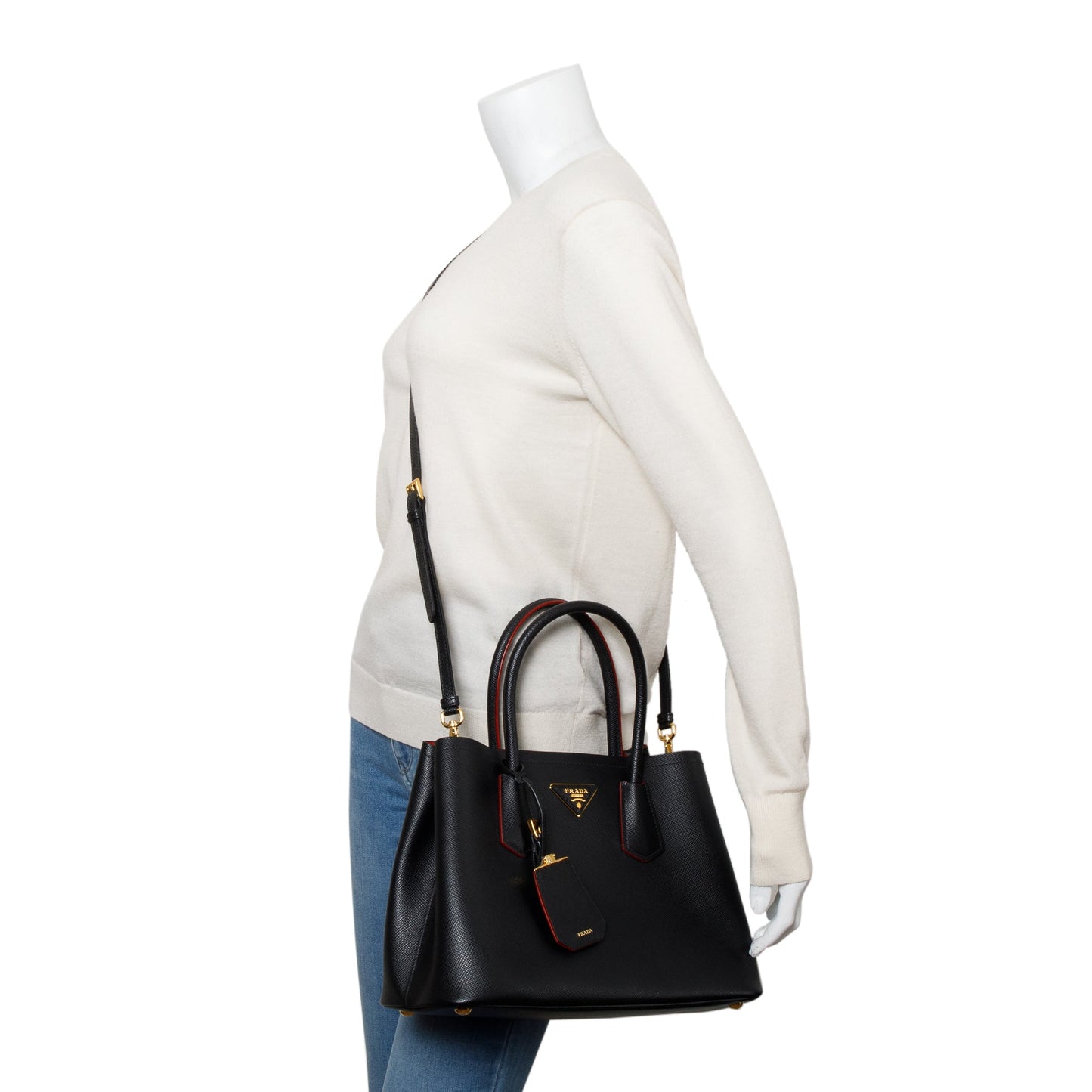 Prada Saffiano Lux Cuir Double Tote Handbag Black Small Tote Bag