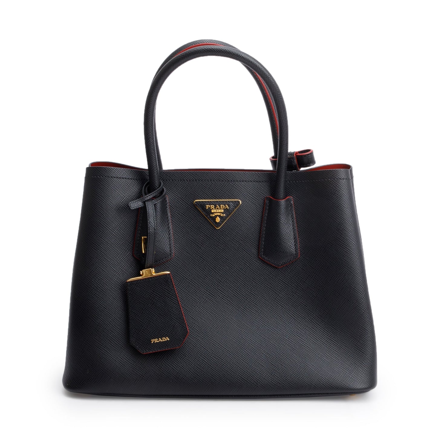 Prada Saffiano Lux Cuir Double Tote Handbag Black Small Tote Bag