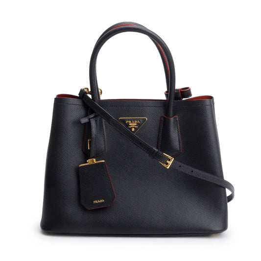 Prada Saffiano Lux Cuir Double Tote Handbag Black Small Tote Bag