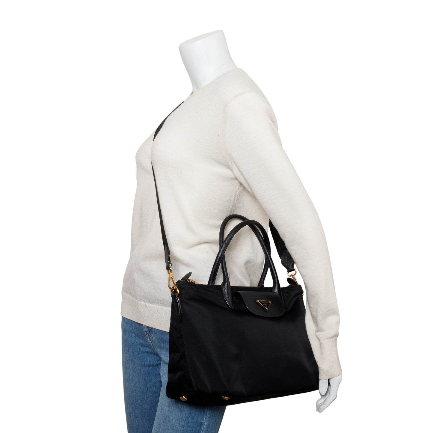 Prada Saffiano Trimmed Tessuto Handle Tote Handbag Nylon Black Tote Bag