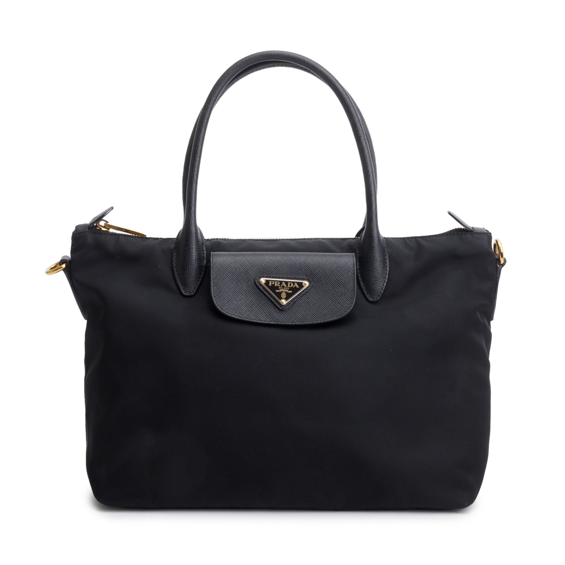 Prada Saffiano Trimmed Tessuto Handle Tote Handbag Nylon Black Tote Bag