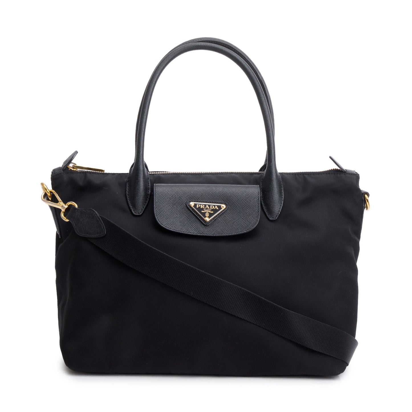 Prada Saffiano Trimmed Tessuto Handle Tote Handbag Nylon Black Tote Bag