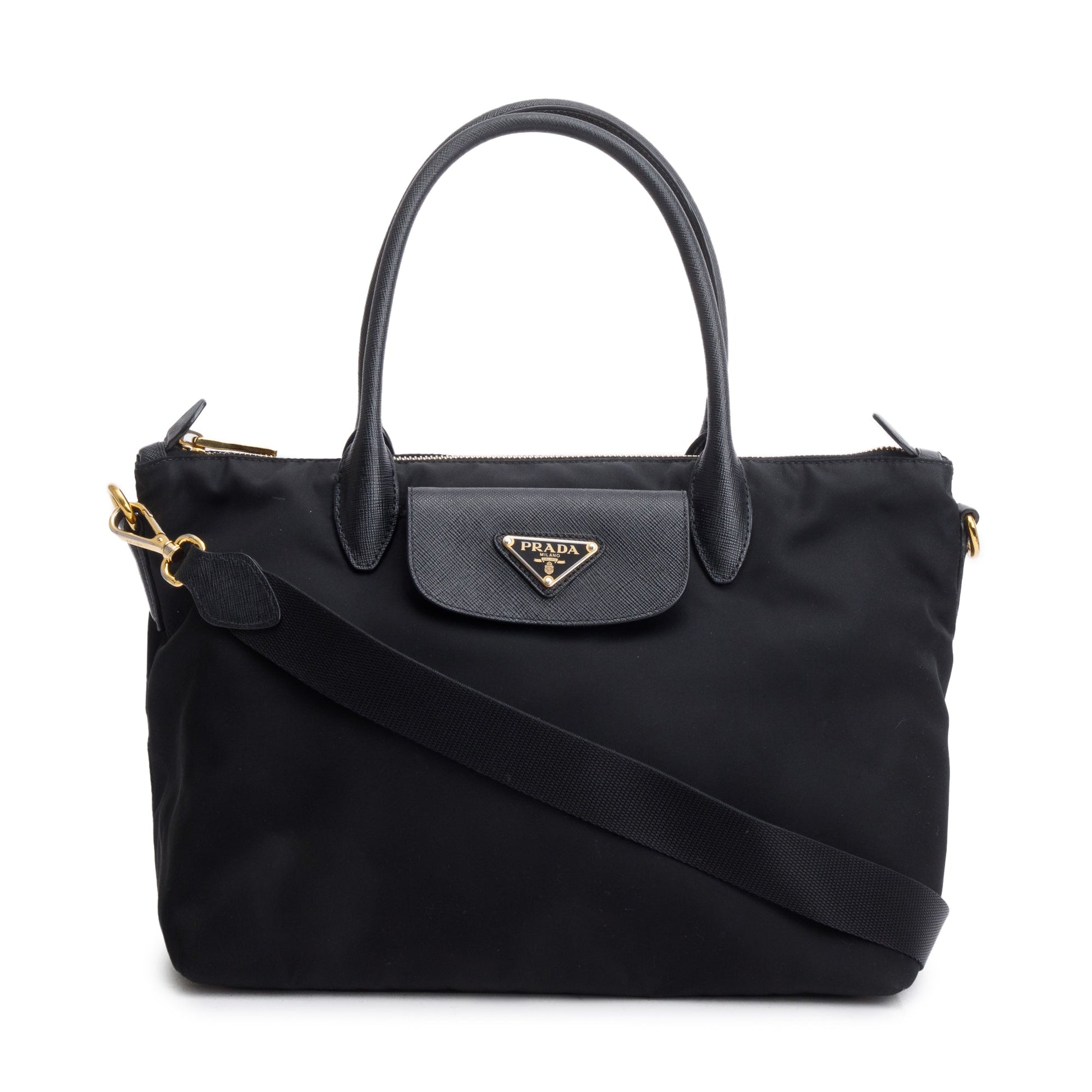 Prada Saffiano Trimmed Tessuto Handle Tote Handbag Nylon Black Tote Bag