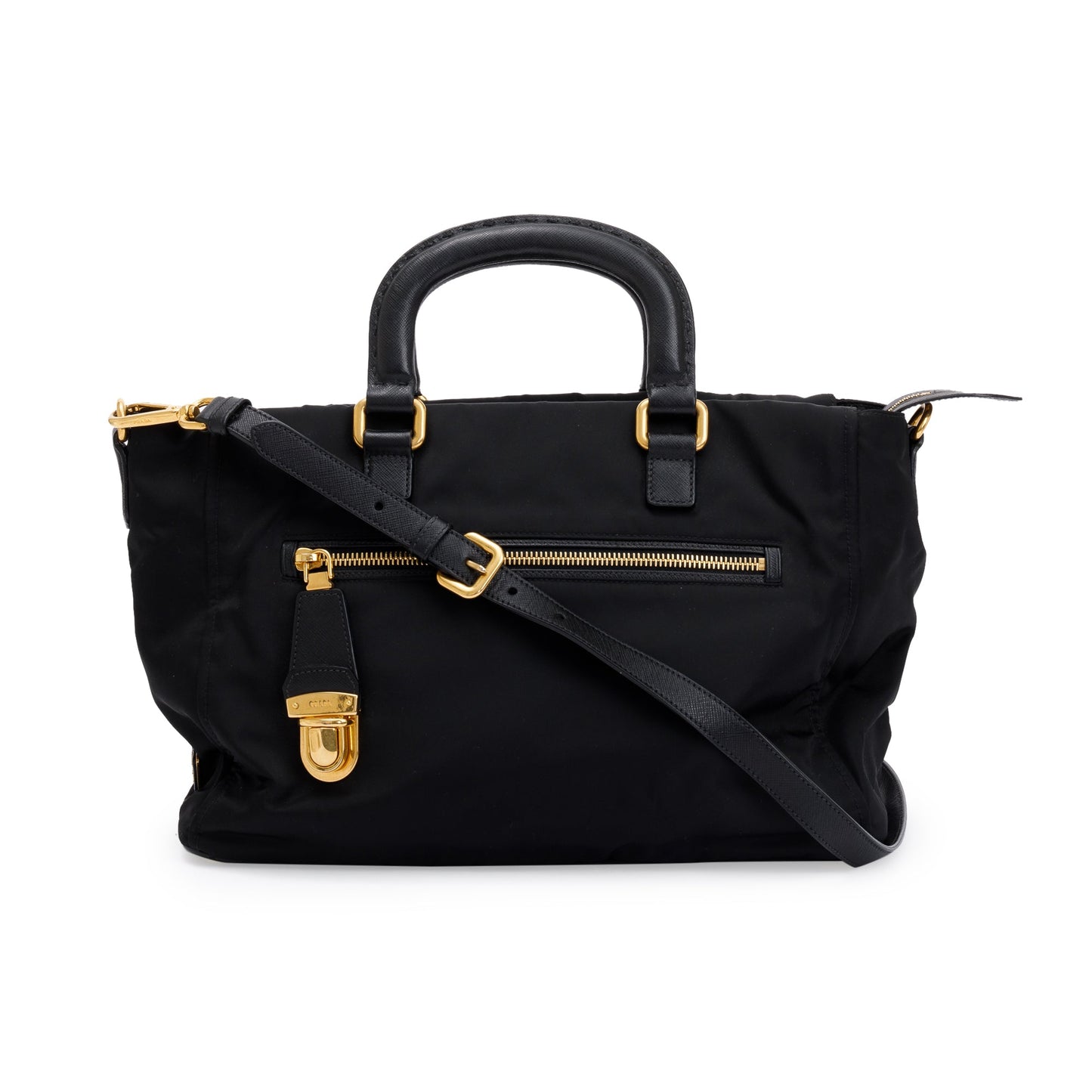Prada Saffiano Trimmed Tessuto Tote Handbag Nylon Black Tote Bag