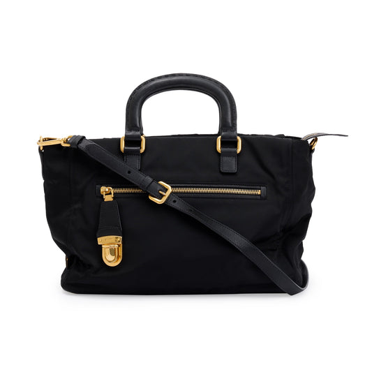 Prada Saffiano Trimmed Tessuto Tote Handbag Nylon Black Tote Bag