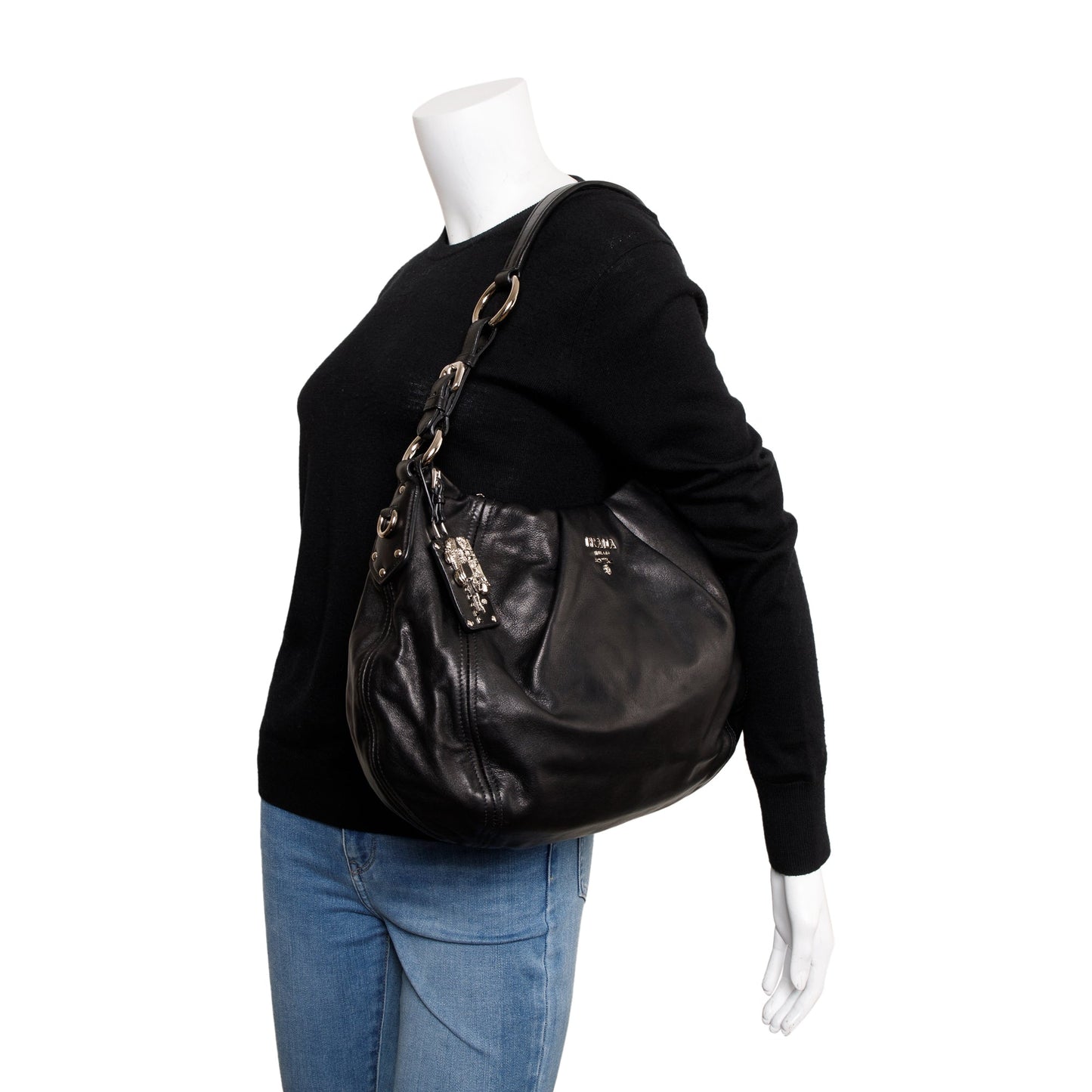 Prada Soft Calf Pleated Hobo Bag Leather Black Travel Bag