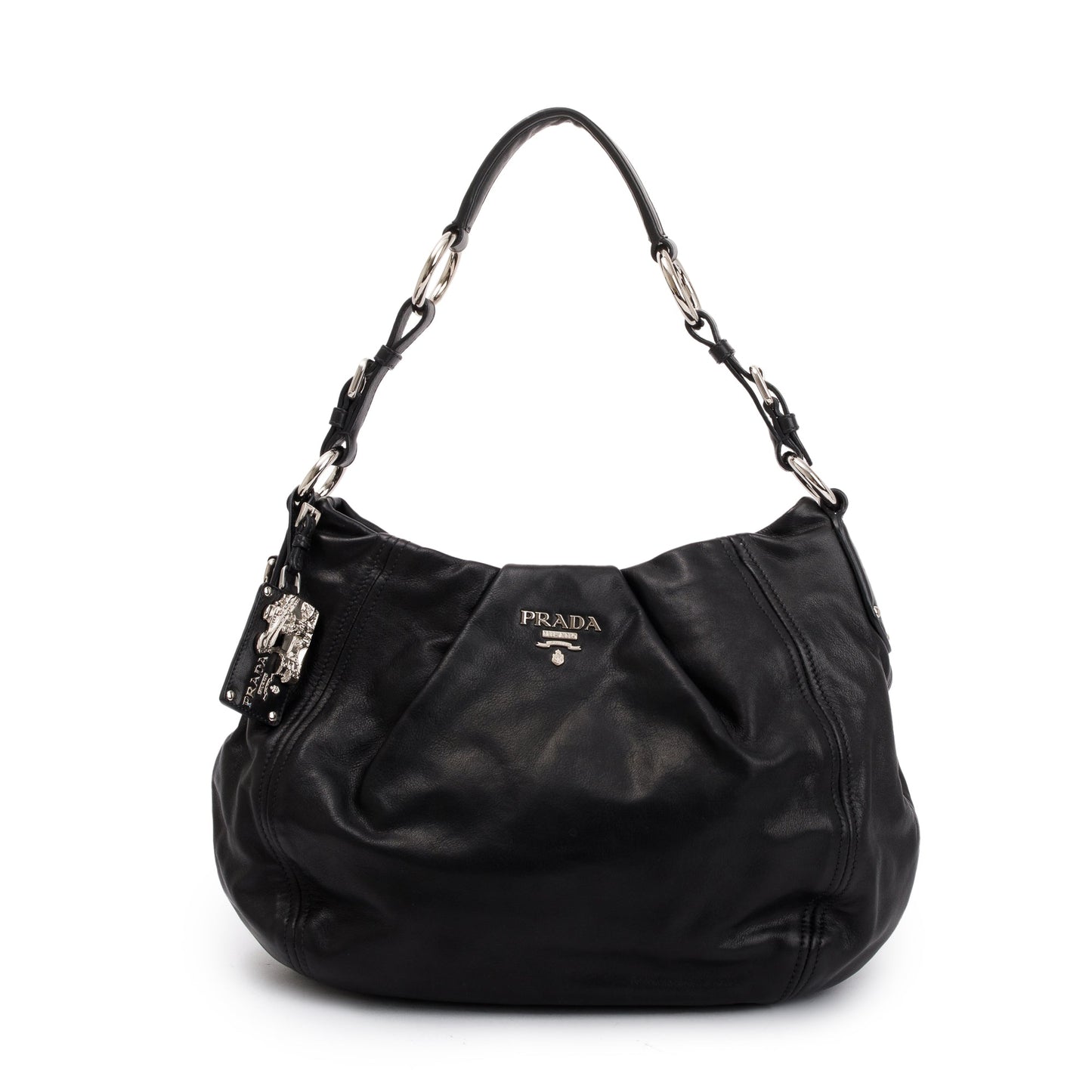 Prada Soft Calf Pleated Hobo Bag Leather Black Travel Bag