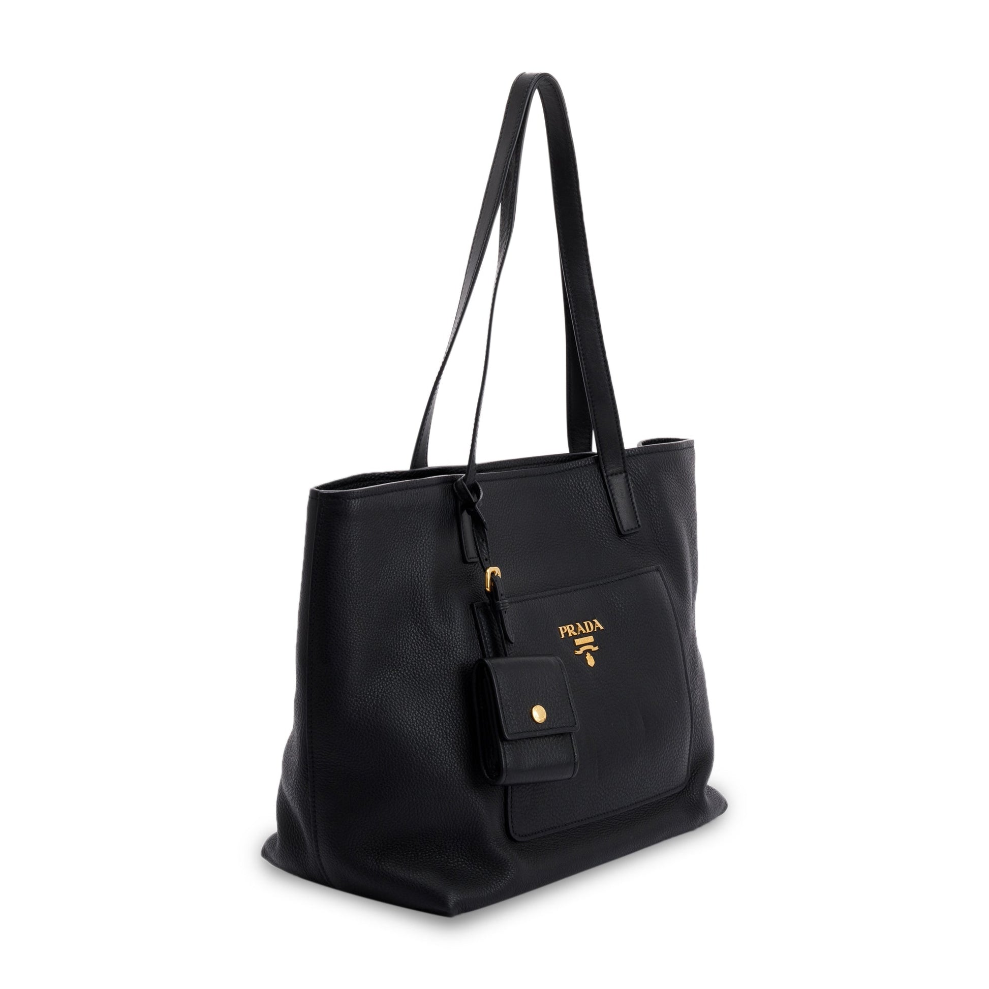 Prada Vitello Daino Front Pocket Shopping Tote Handbag Black Tote Bag