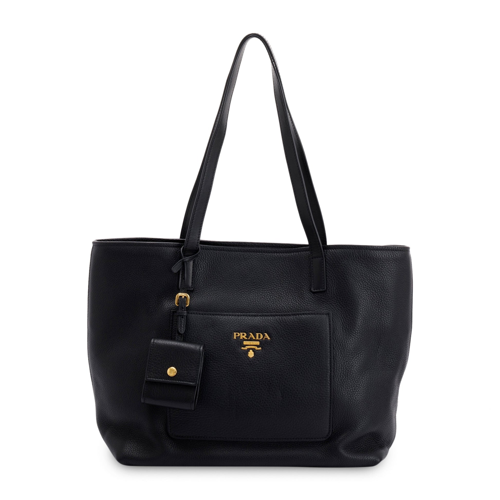 Prada Vitello Daino Front Pocket Shopping Tote Handbag Black Tote Bag