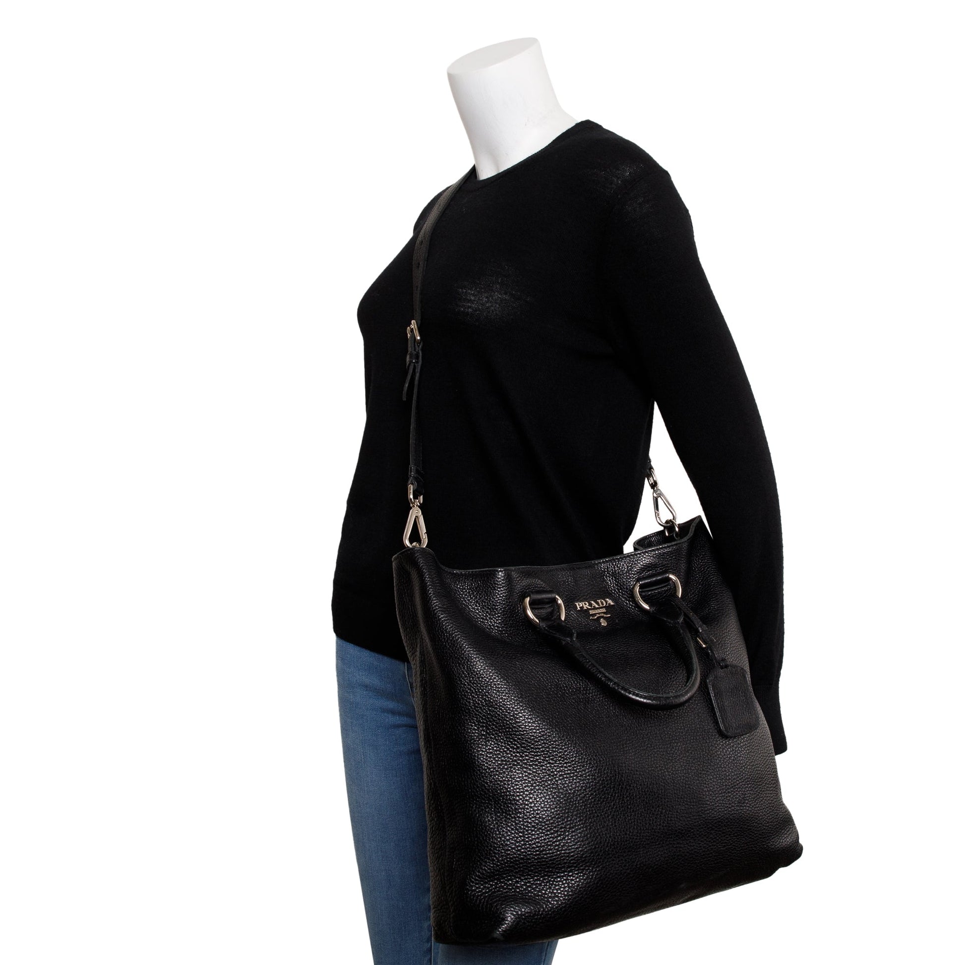 Prada Vitello Daino Shopping Tote Handbag Leather Black Tote Bag