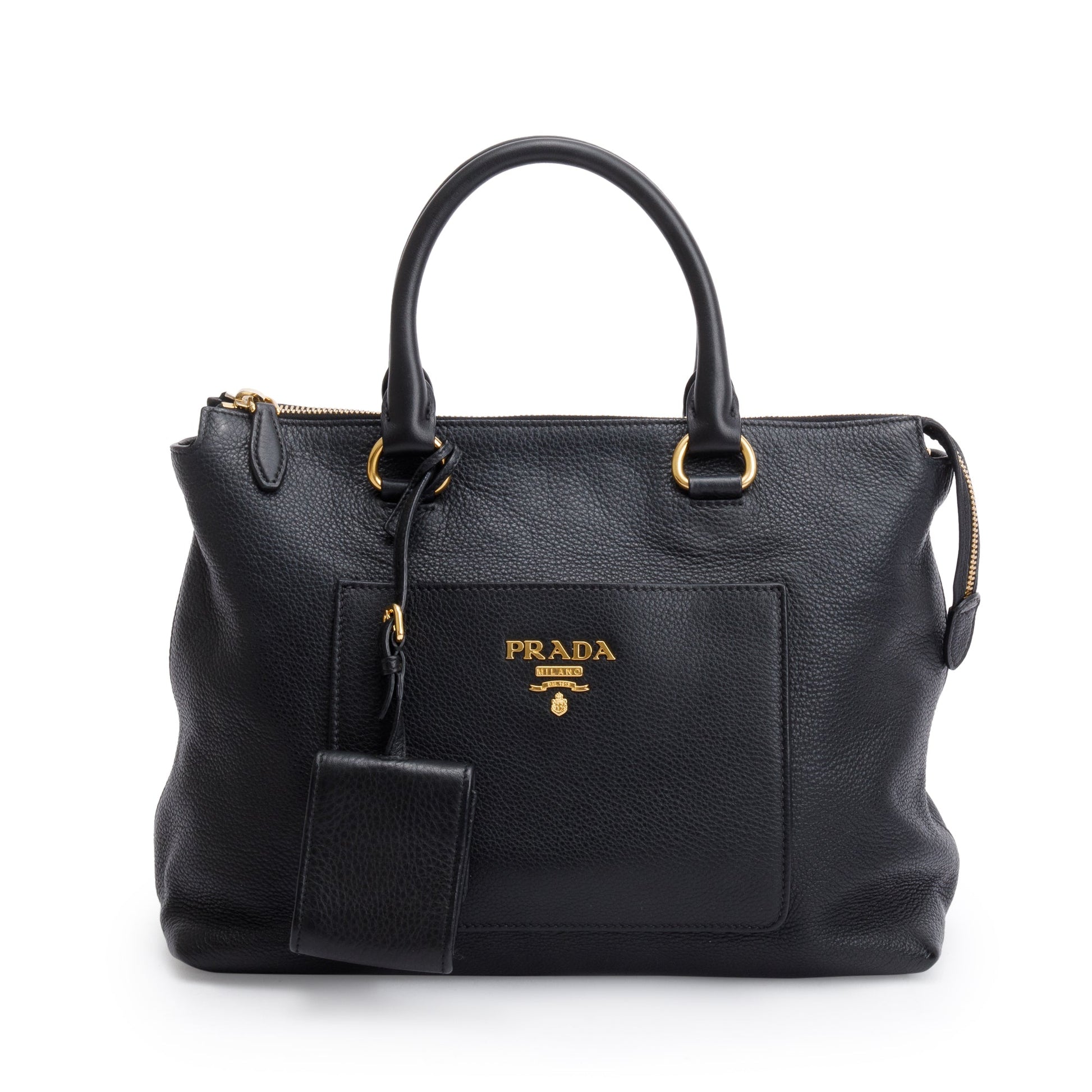 Prada Vitello Daino Pocket Zip Tote Handbag Leather Black Tote Bag