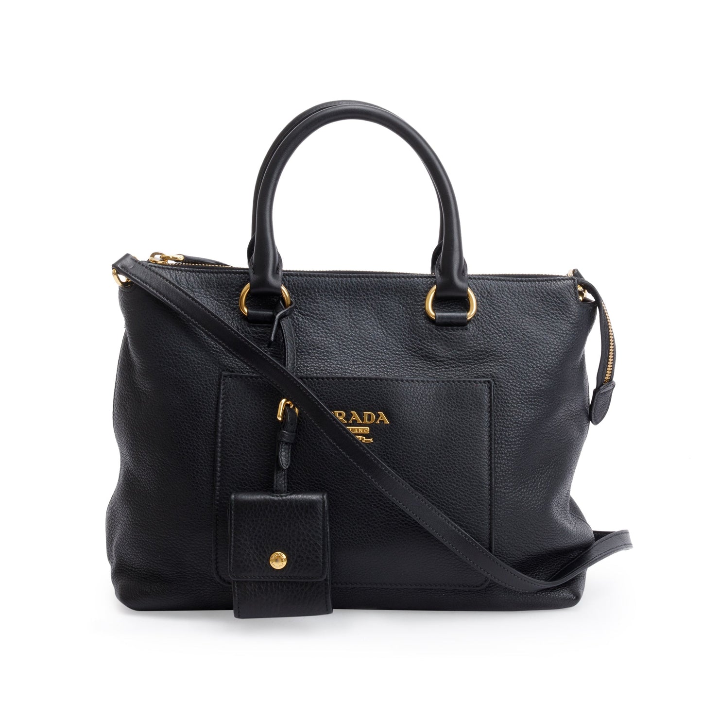 Prada Vitello Daino Pocket Zip Tote Handbag Leather Black Tote Bag