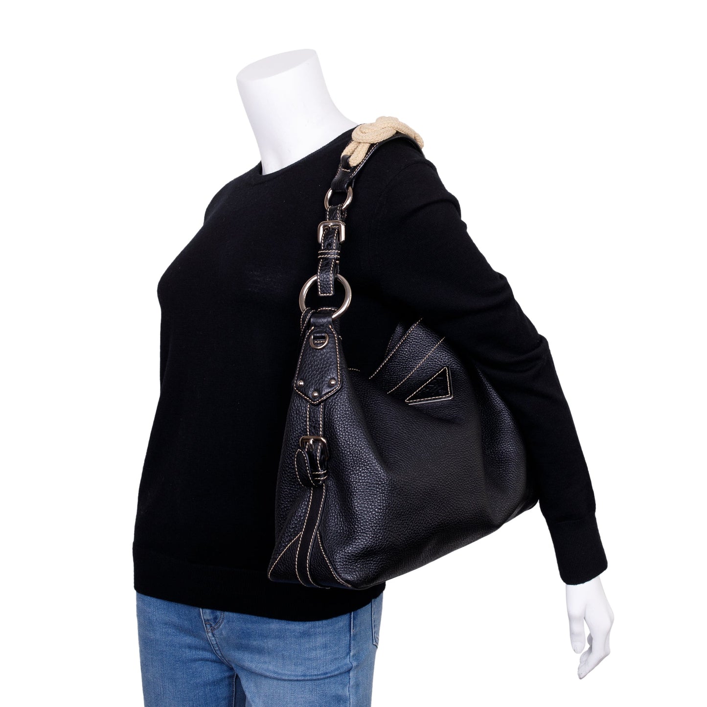 Prada Vitello Daino Rope Hobo Bag Leather Black Travel Bag