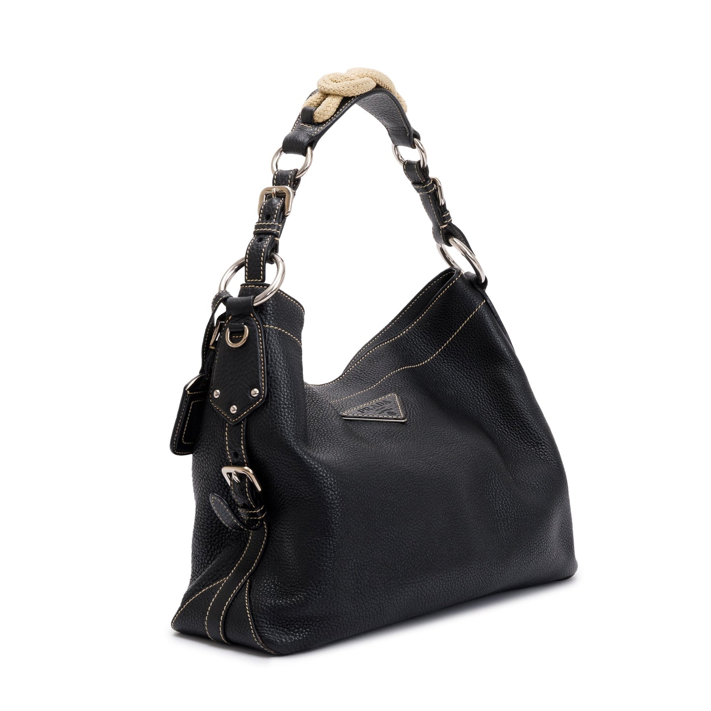 Prada Vitello Daino Rope Hobo Bag Leather Black Travel Bag