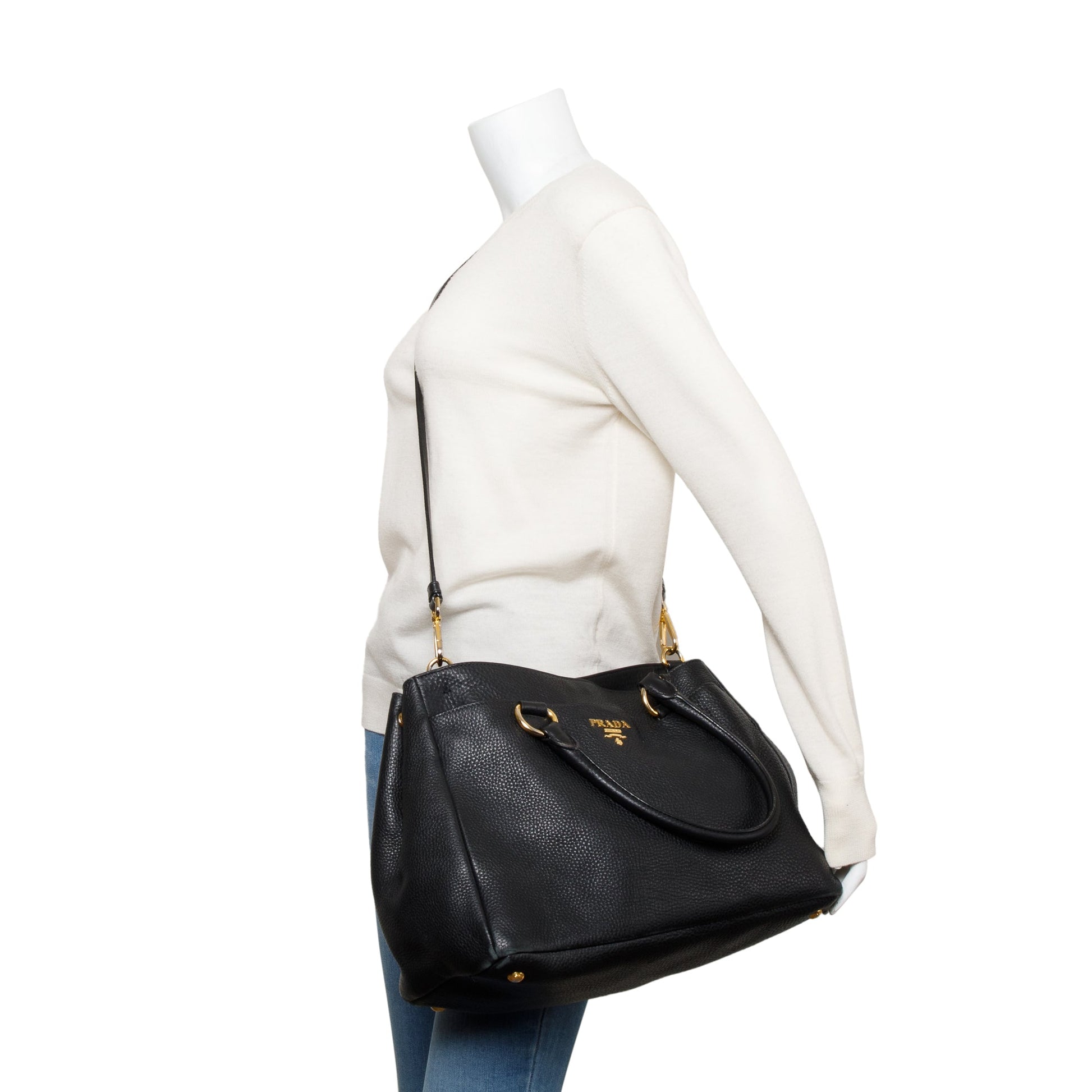 Prada Daino Shoulder Bag Leather Vitello Black