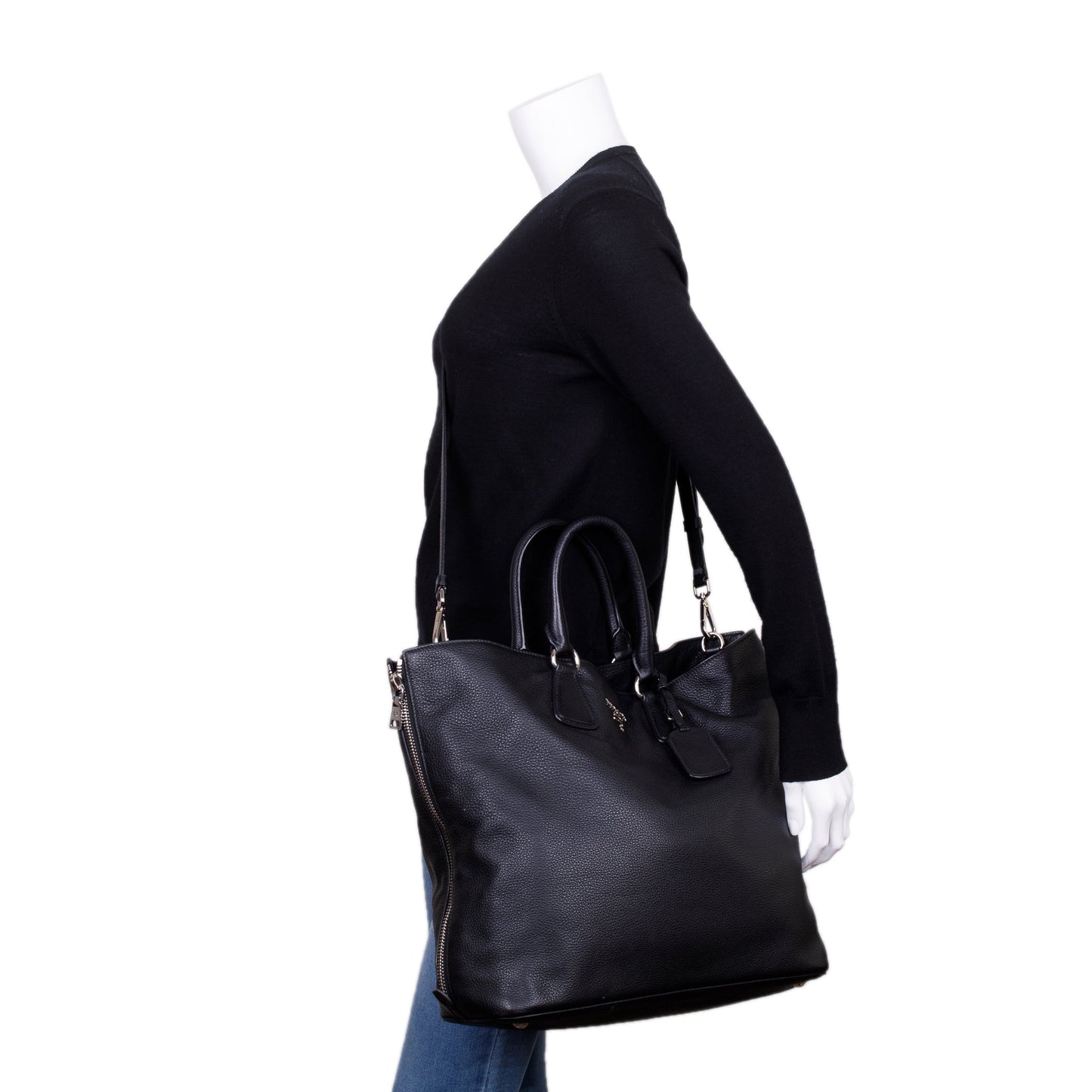 Prada Vitello Daino Side Zip Shopping Tote Handbag Leather Black Tote Bag