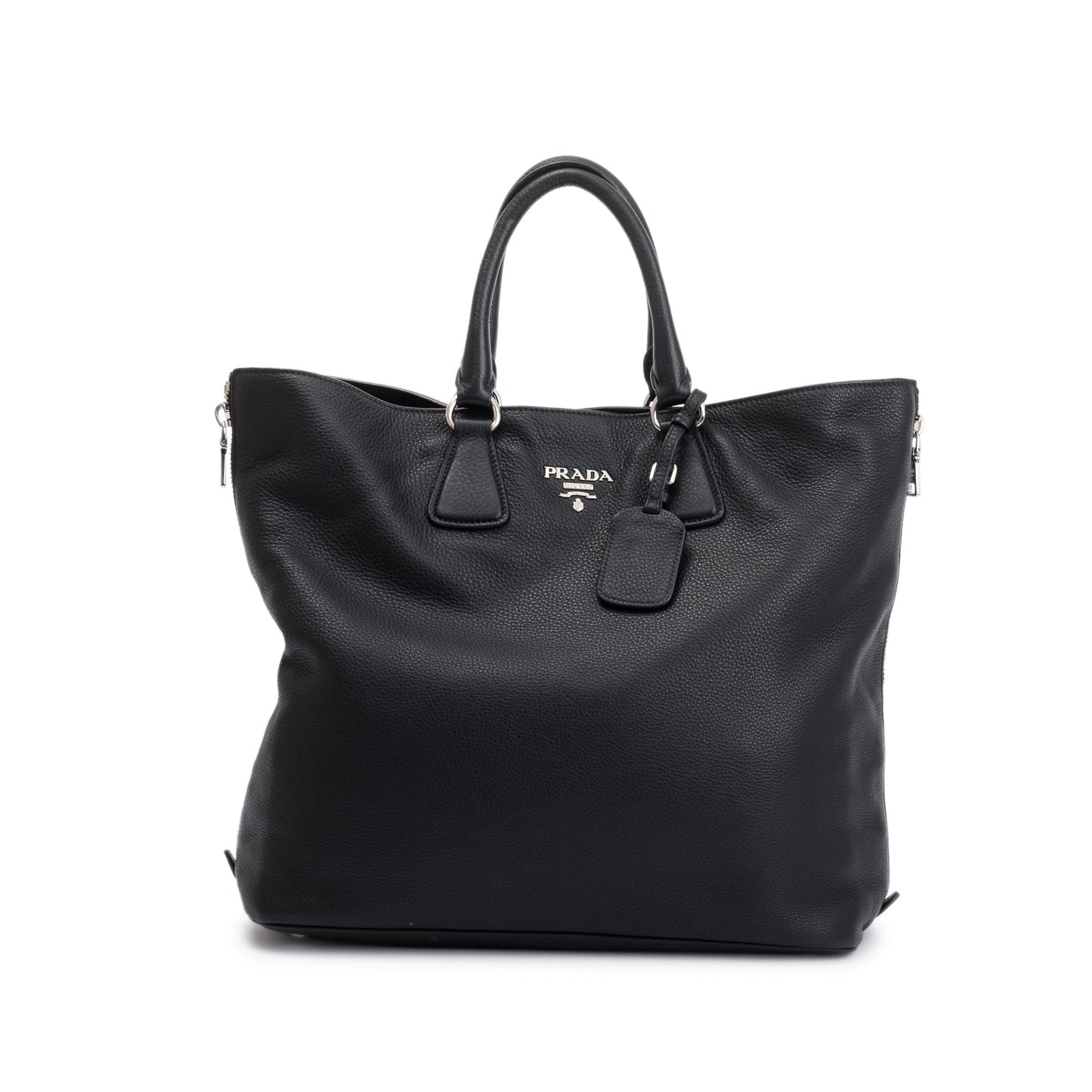 Prada Vitello Daino Side Zip Shopping Tote Handbag Leather Black Tote Bag