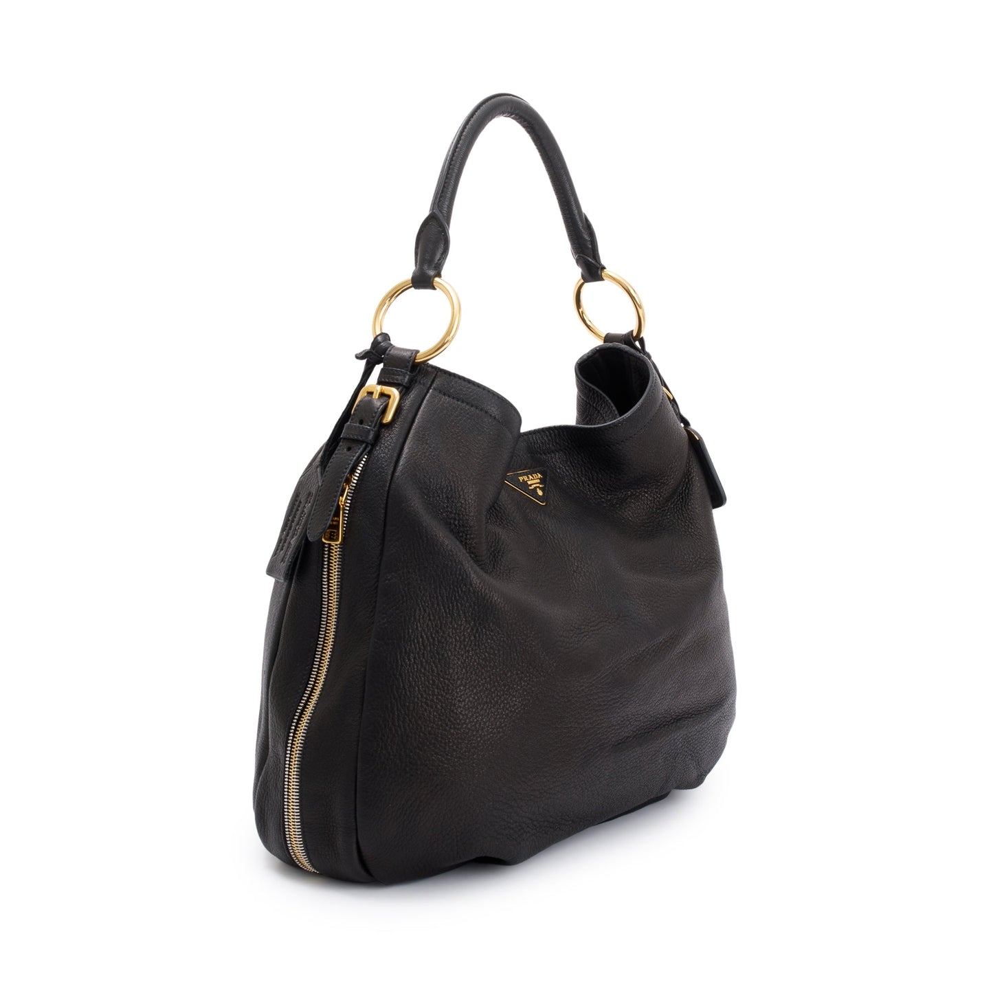 Prada Vitello Daino Zip Around Hobo Bag Leather Black Travel Bag