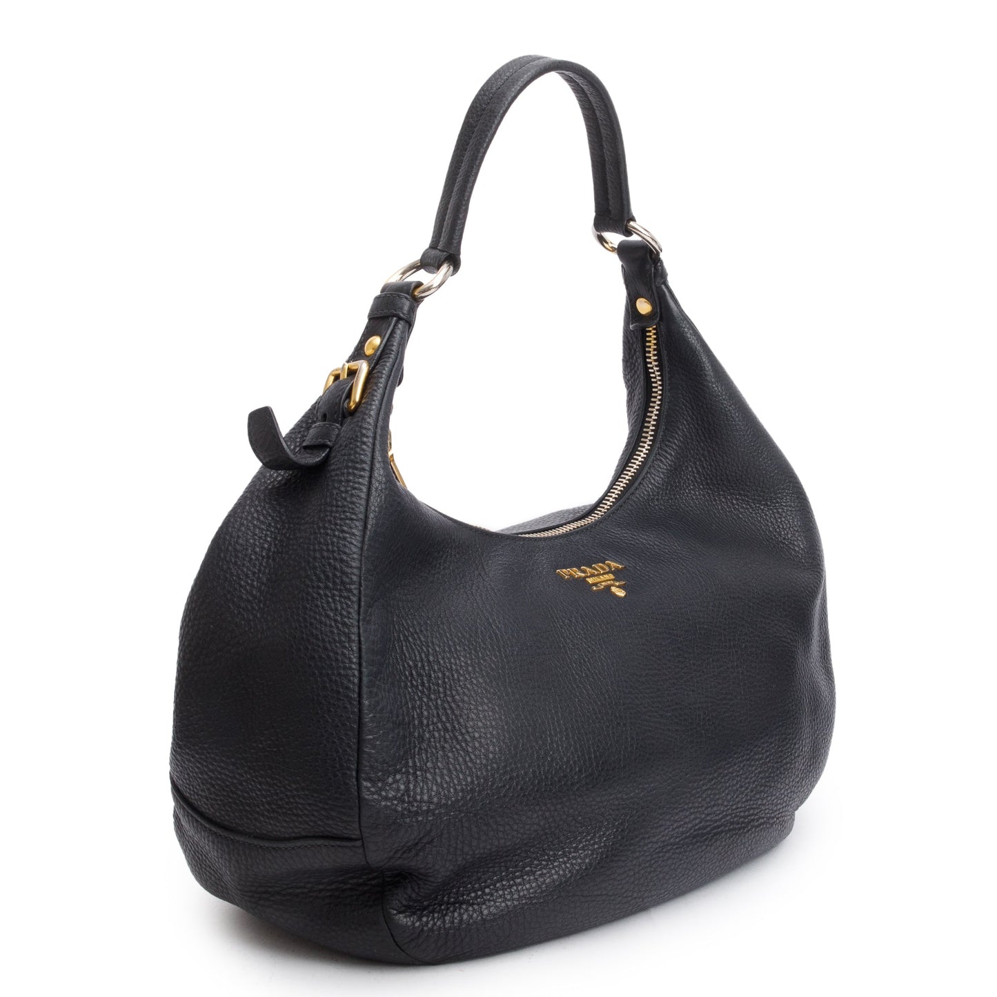 Prada Vitello Daino Zip Top Hobo Handbag Leather Black Travel Bag