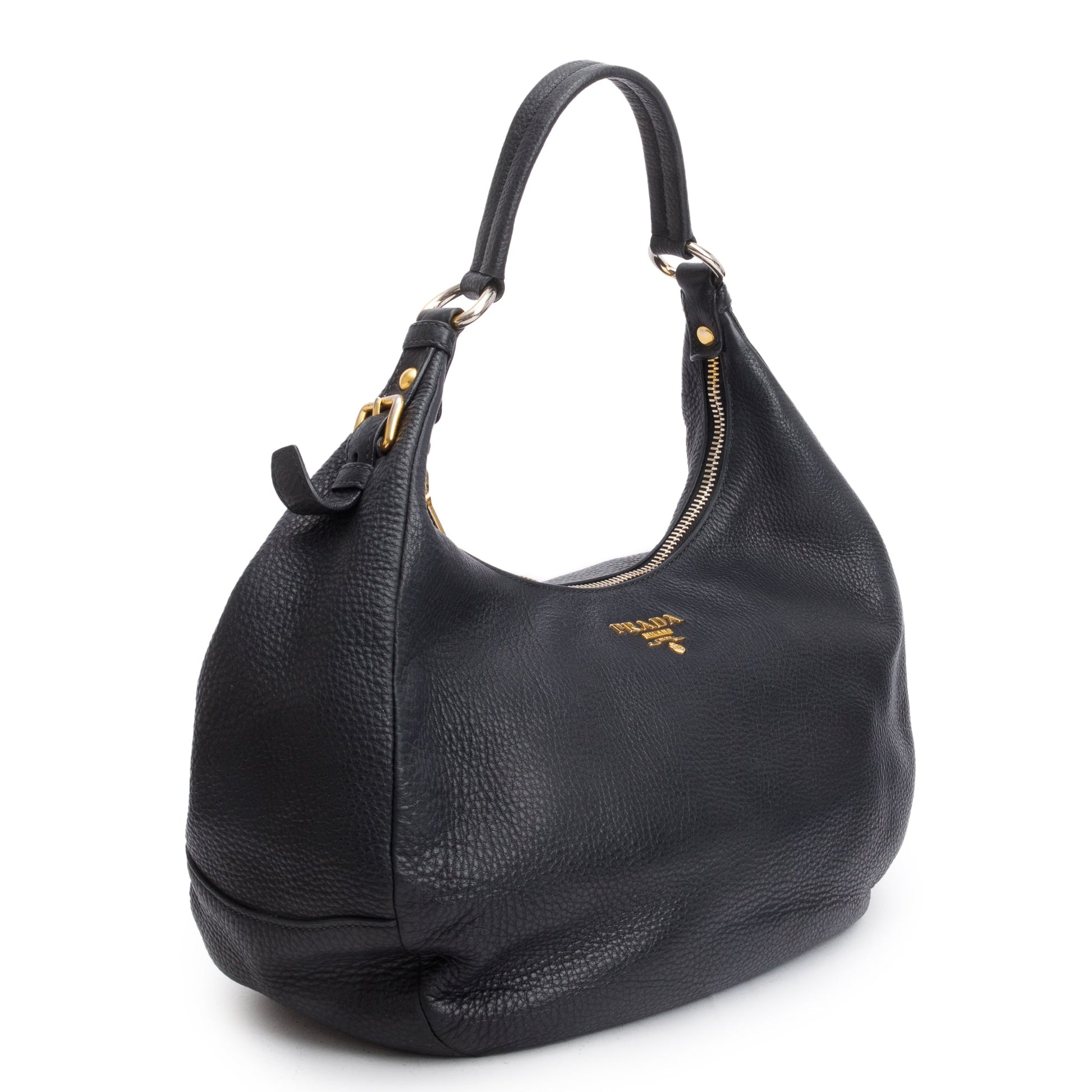 Prada Vitello Daino Zip Top Hobo Handbag Leather Black Travel Bag