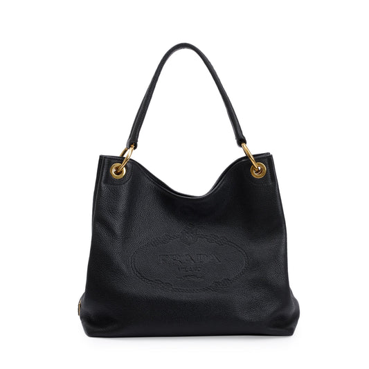 Prada Vitello Daino Embossed Hobo Bag Black Medium Travel Bag