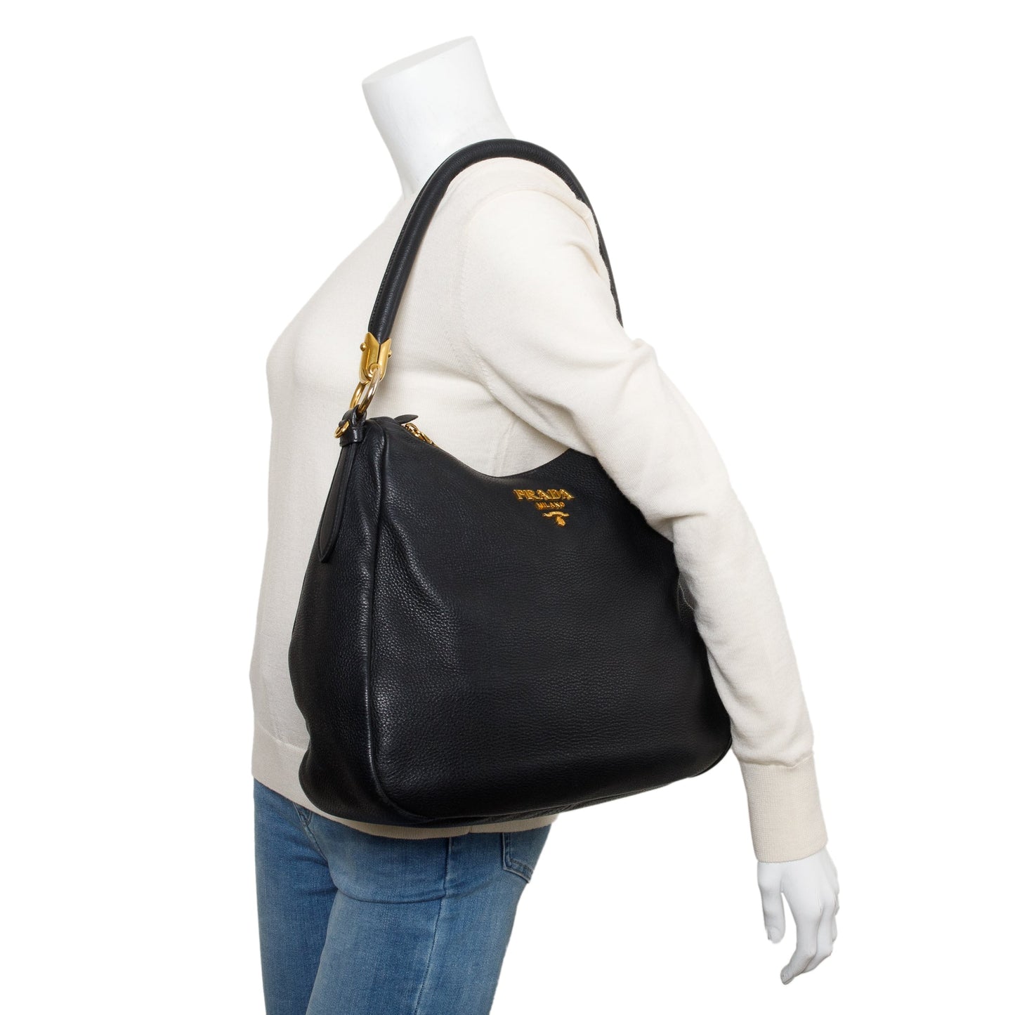 Prada Vitello Phenix Convertible Hobo Handbag Black Travel Bag
