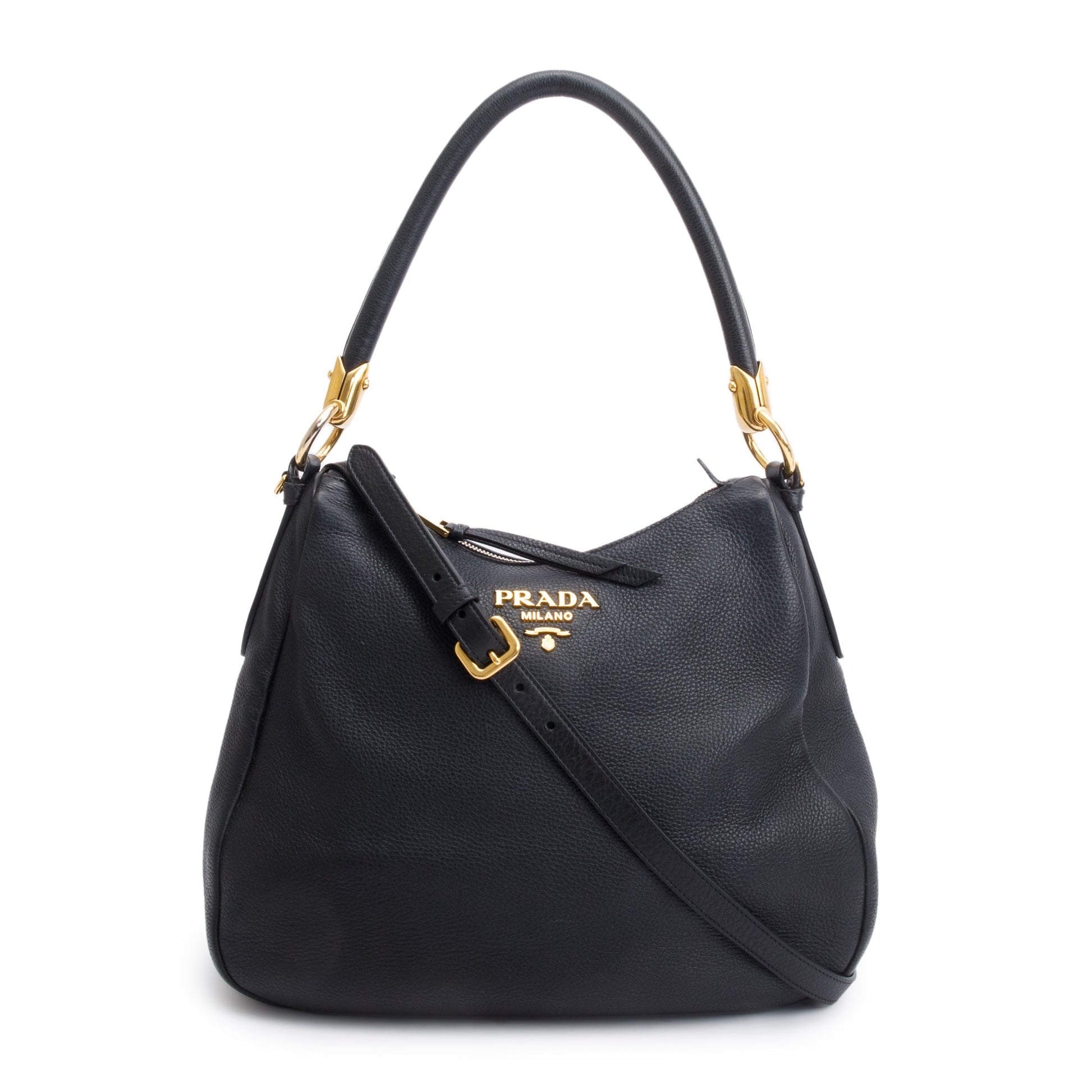 Prada Vitello Phenix Convertible Hobo Handbag Black Travel Bag