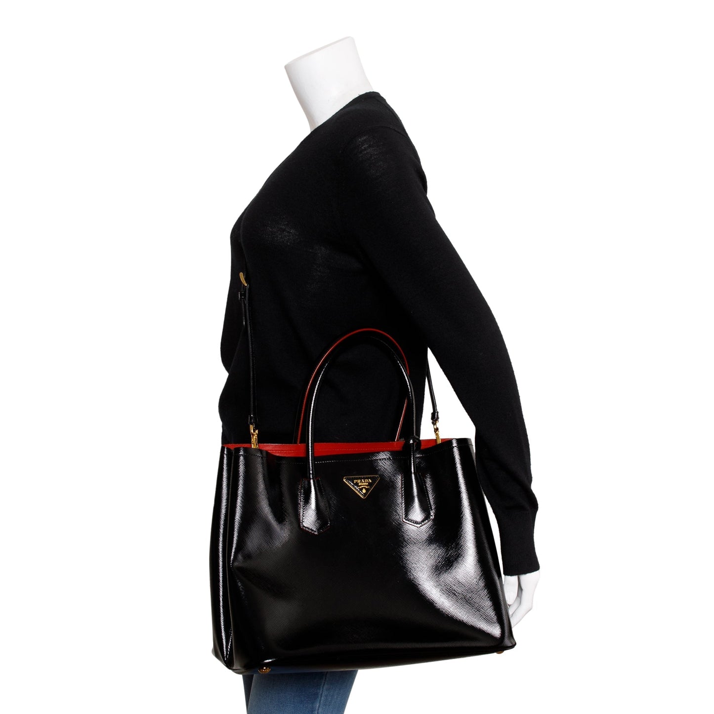 Prada Saffiano Vernice Shiny Cuir Double Tote Handbag Black Red Tote Bag