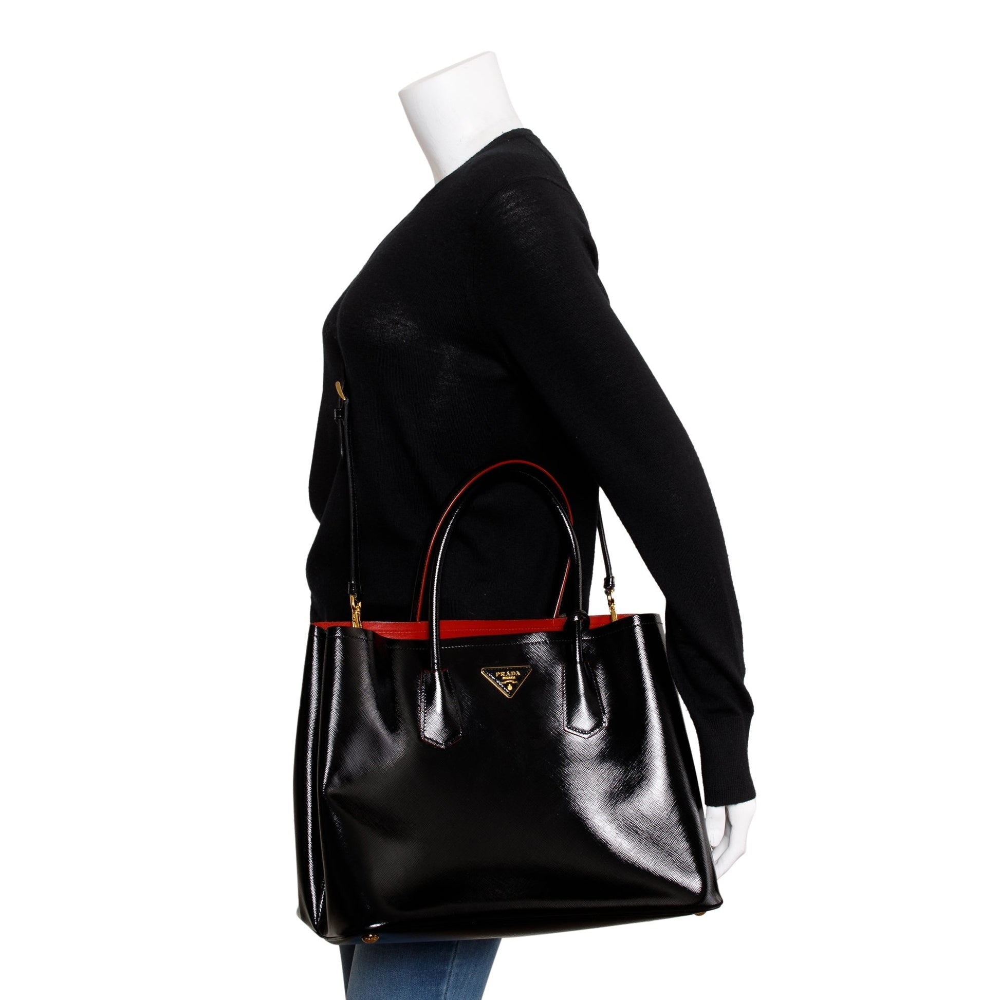 Prada Saffiano Vernice Shiny Cuir Double Tote Handbag Black Red Tote Bag