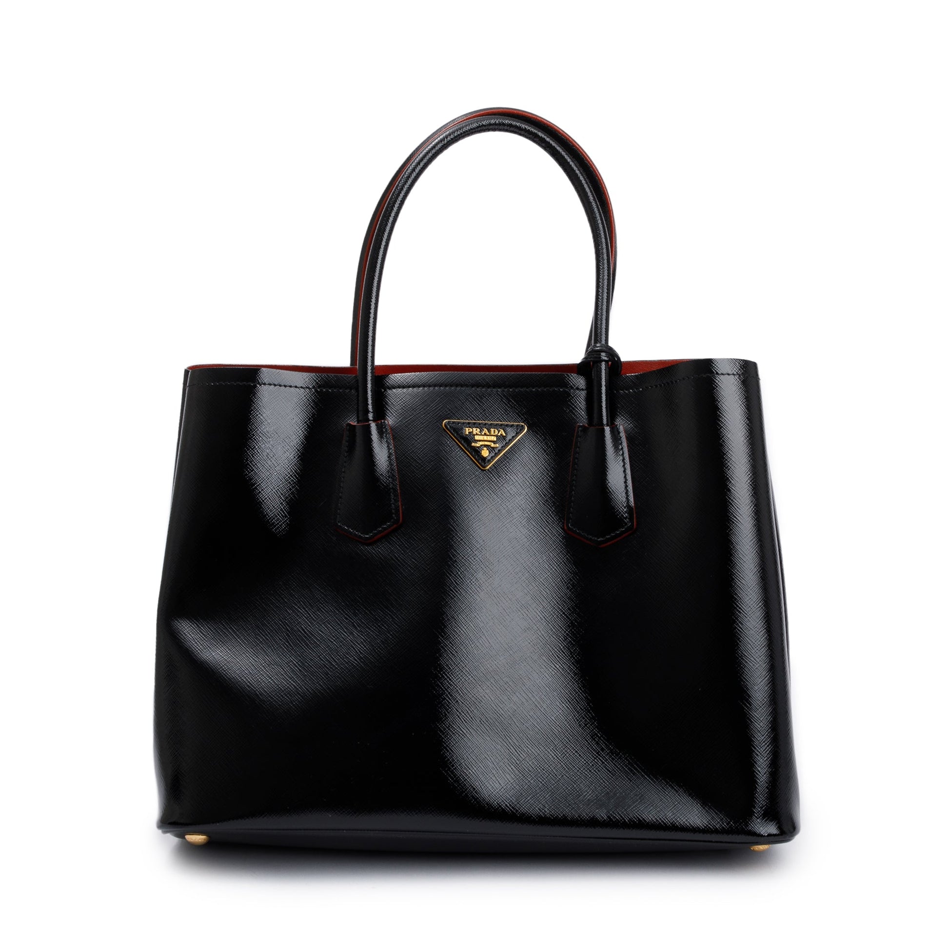 Prada Saffiano Vernice Shiny Cuir Double Tote Handbag Black Red Tote Bag
