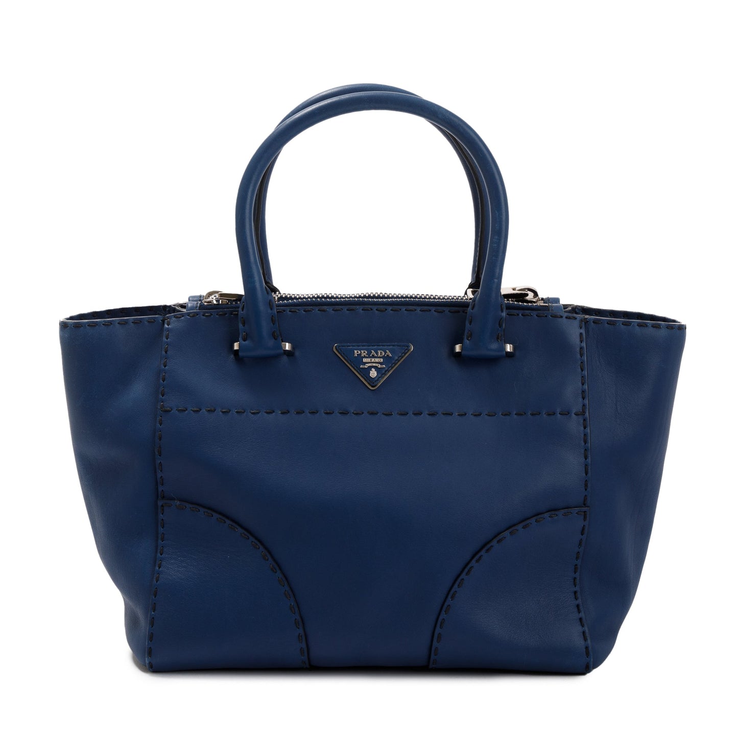Prada City Calf Twin Pocket Tote Handbag Blue Small Tote Bag