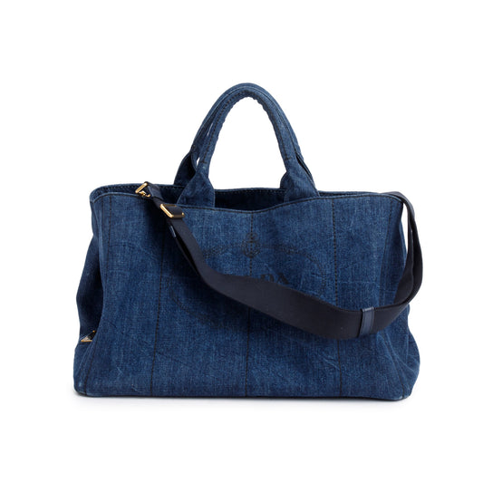 Prada Logo Canapa Tote Handbag Denim Blue Tote Bag