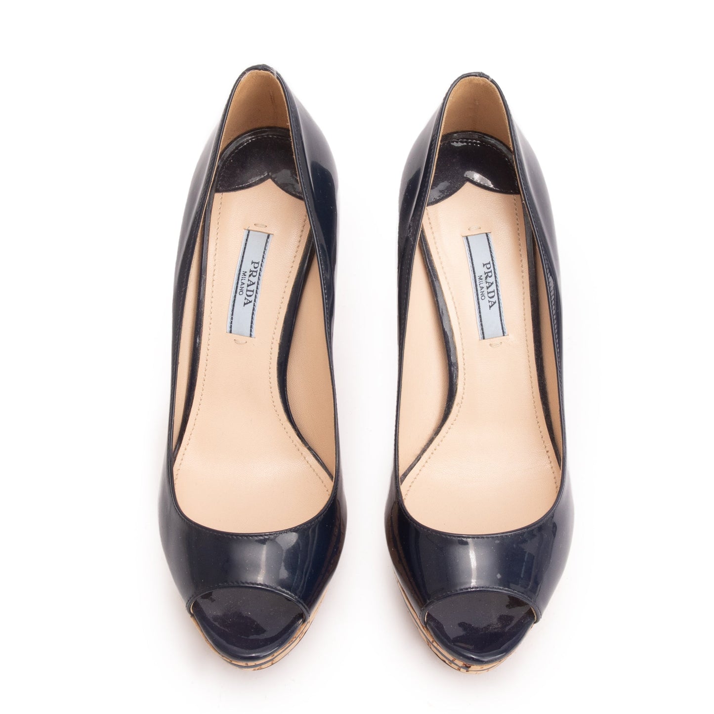Prada Patent Calzature Donna Peep Toe Pumps, Size Leather Blue Shoes