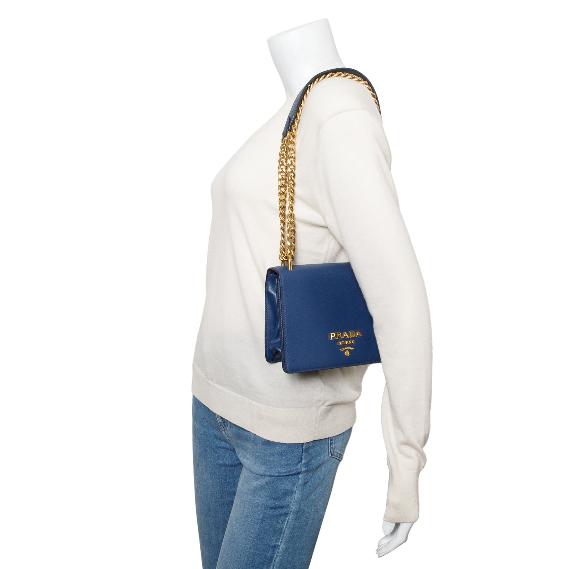 Prada Saffiano Lux Shoulder Bag Blue Chain