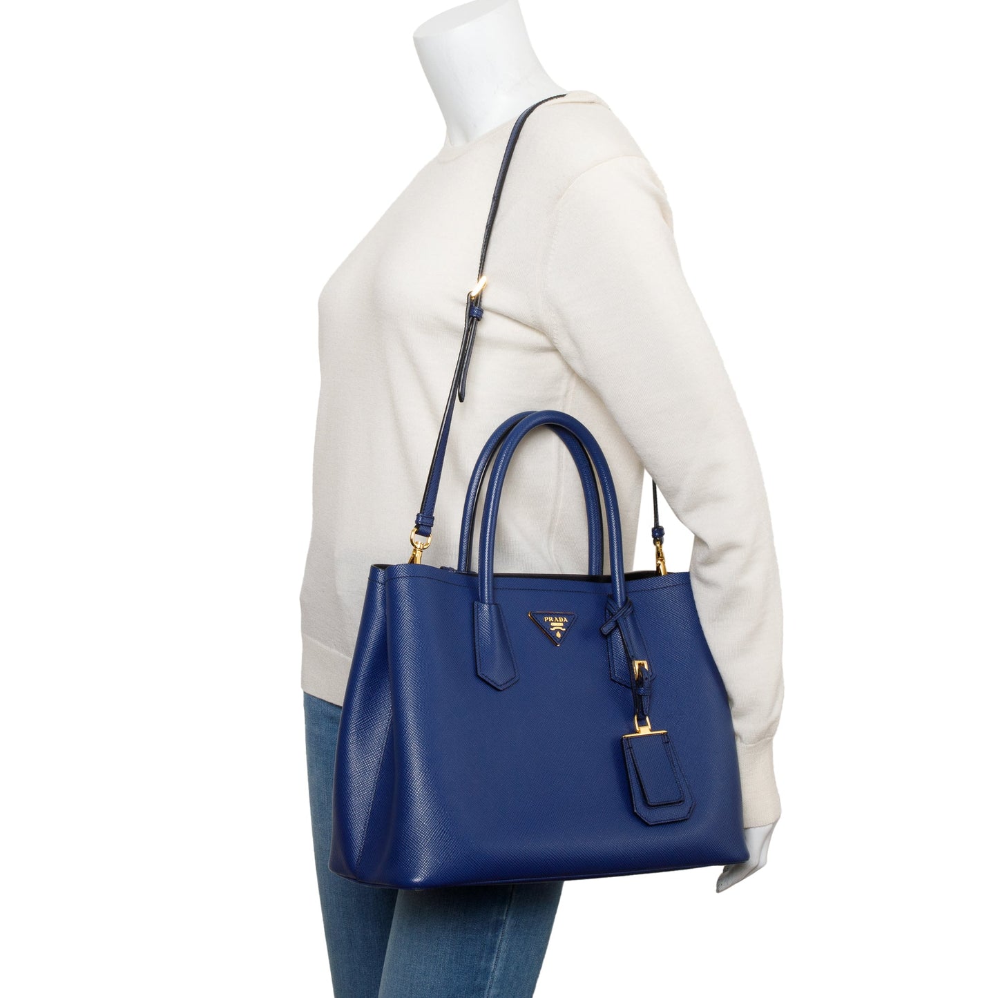 Prada Saffiano Lux Cuir Double Tote Handbag Blue Medium Tote Bag