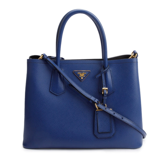 Prada Saffiano Lux Cuir Double Tote Handbag Blue Medium Tote Bag