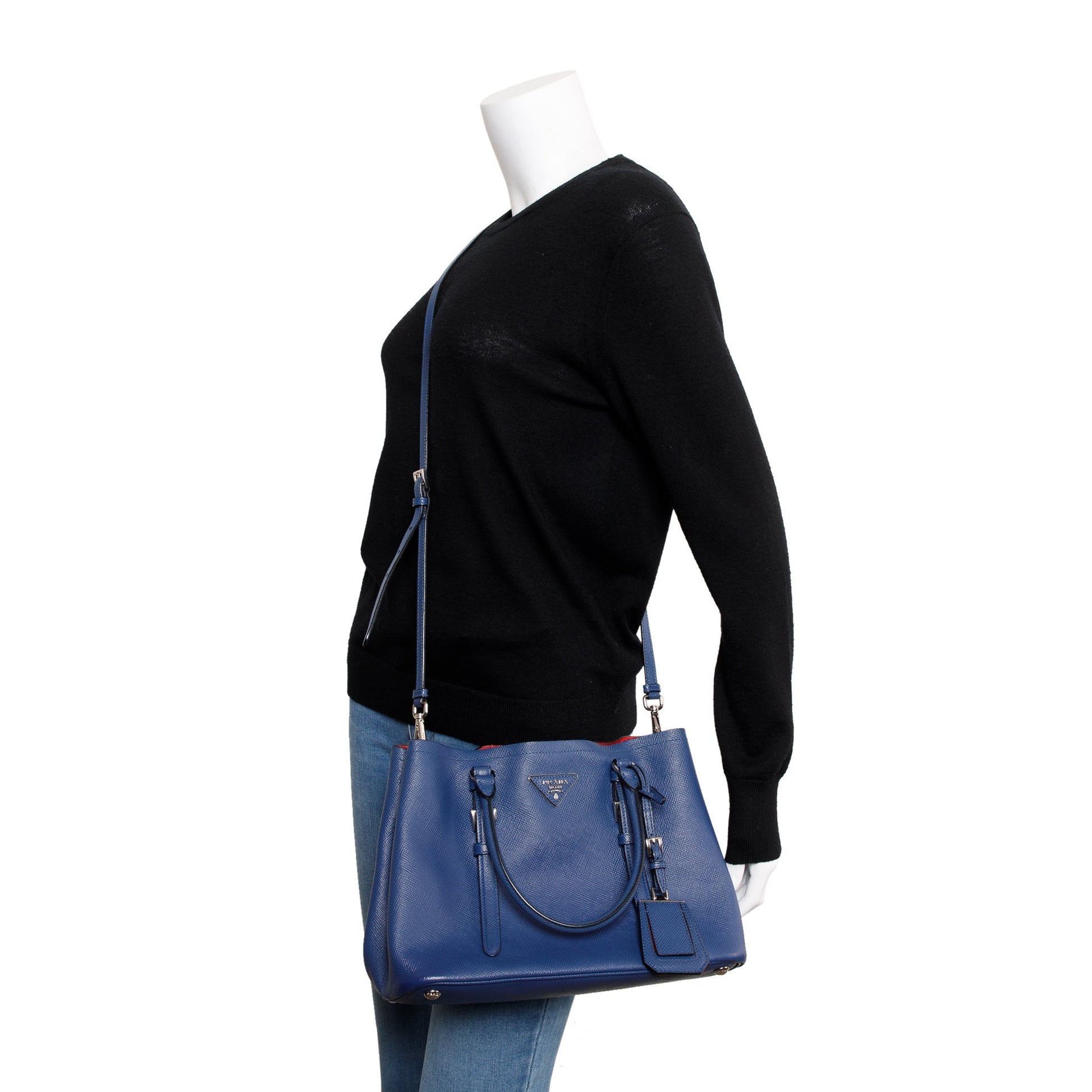 Prada Saffiano Lux Cuir Double Tote Handbag Blue Small Tote Bag