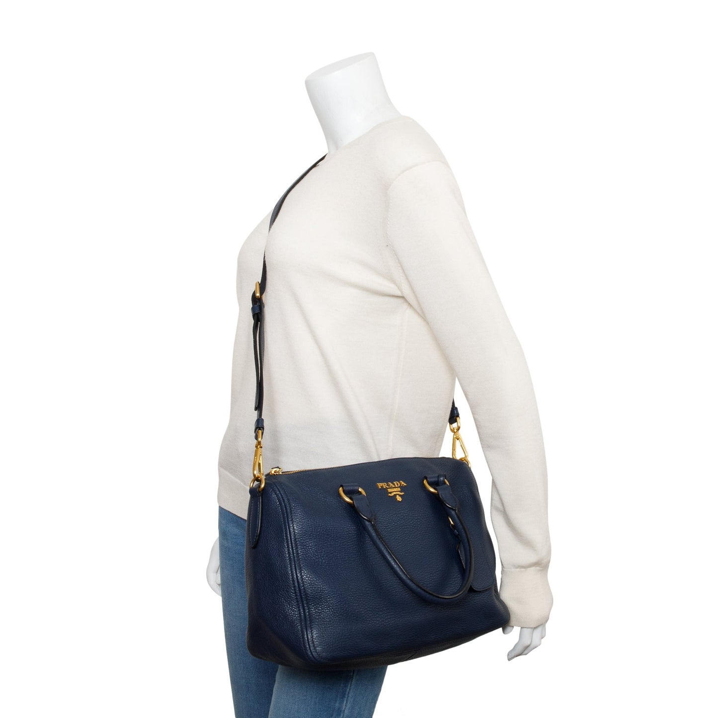 Prada Vitello Phenix Bauletto Handbag Leather Blue Travel Bag