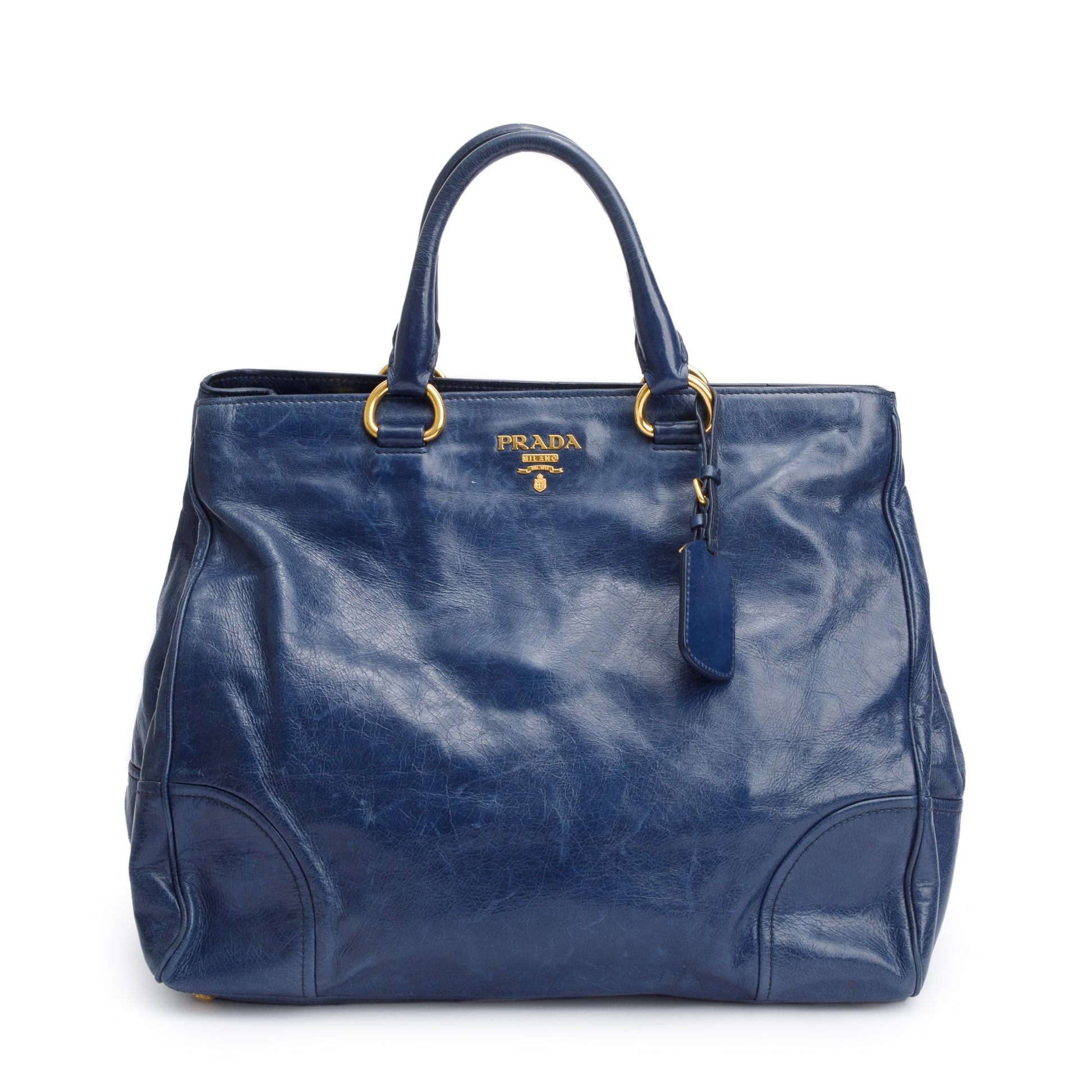 Prada Vitello Shine Shopping Tote Handbag Leather Blue Tote Bag