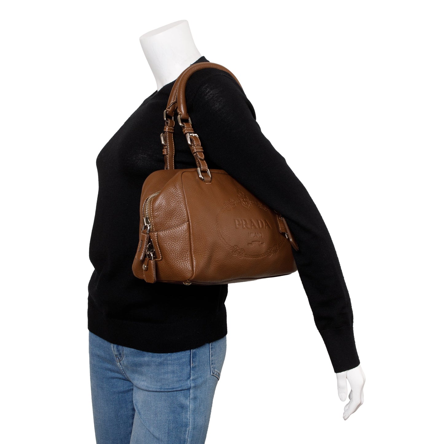 Prada Vitello Daino Bauletto Logo Bag Leather Brown Travel Bag