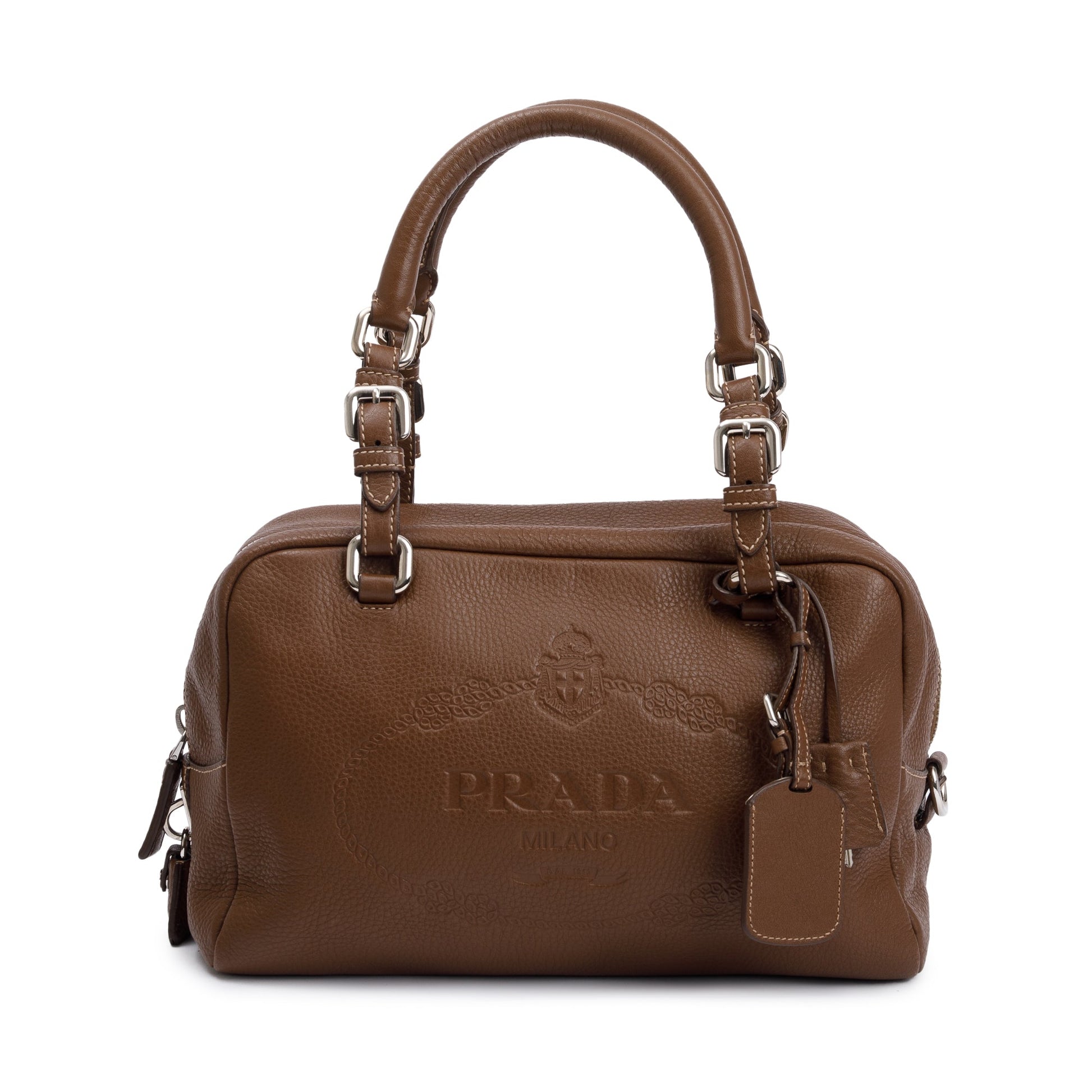 Prada Vitello Daino Bauletto Logo Bag Leather Brown Travel Bag