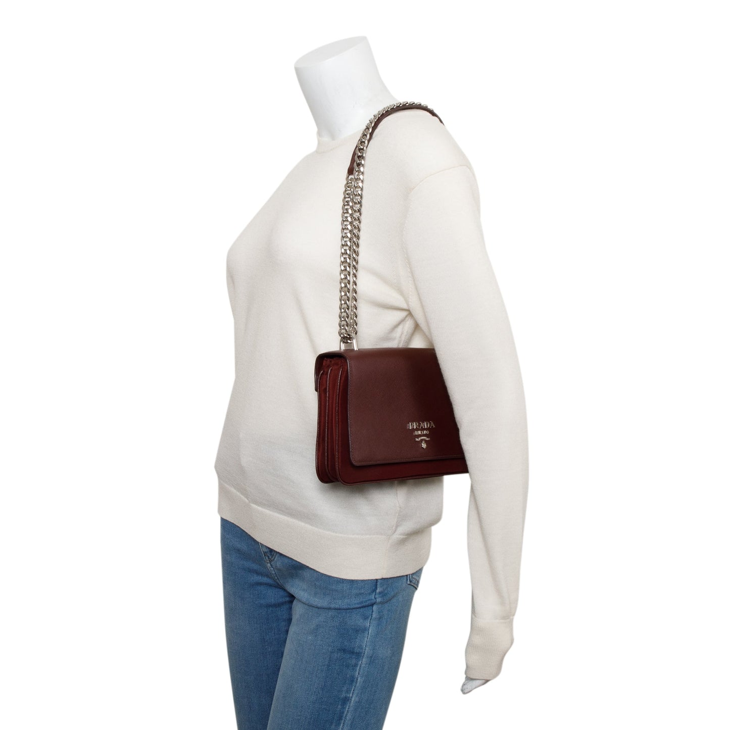 Prada Burgundy Tessuto Saffiano Shoulder Bag Leather Flap