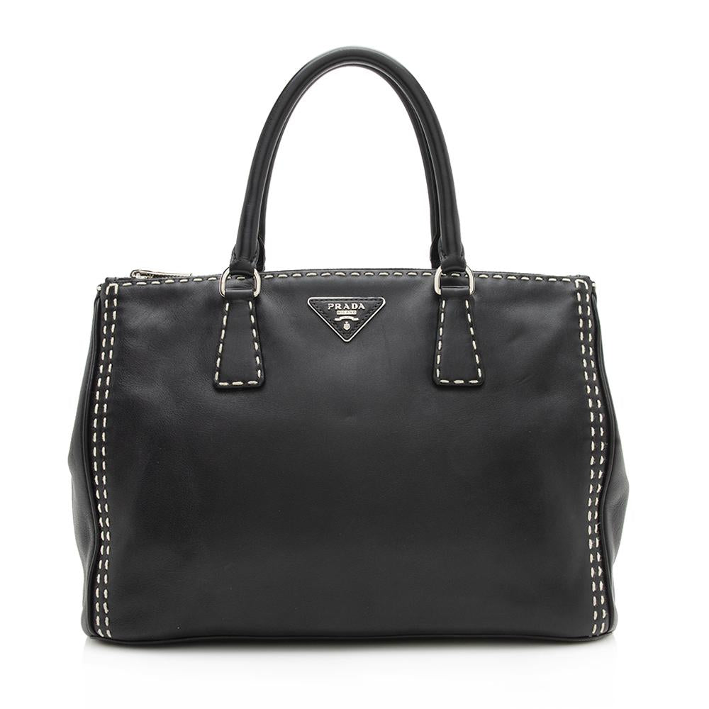 Prada Calfskin Stitched Double City Tote Medium Zip Tote Bag
