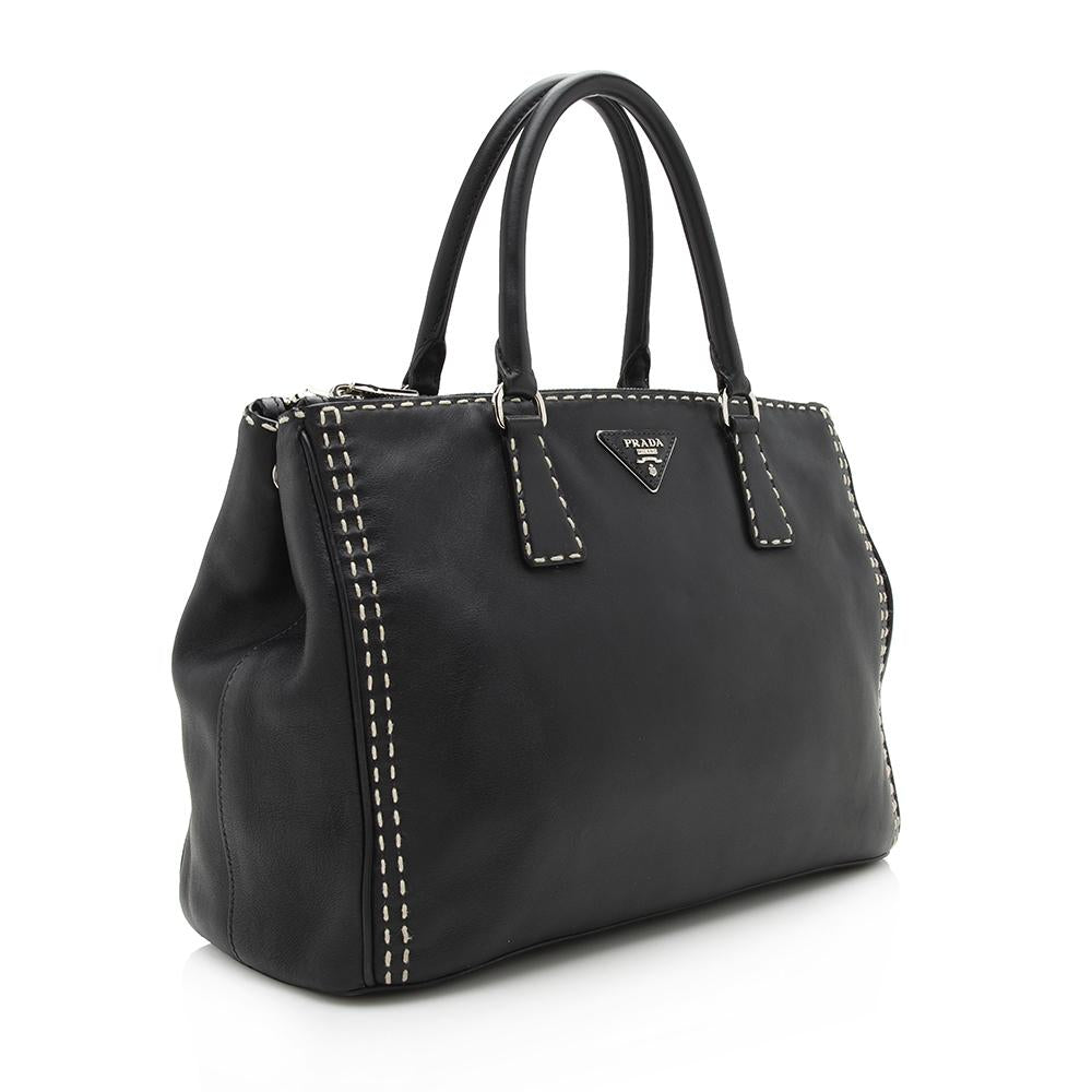 Prada Calfskin Stitched Double City Tote Medium Zip Tote Bag